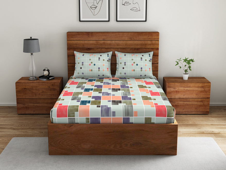 Spaces India Geometric Fairest Jade - Light Green 100% Cotton Double Bedsheet - Color Block By Spaces