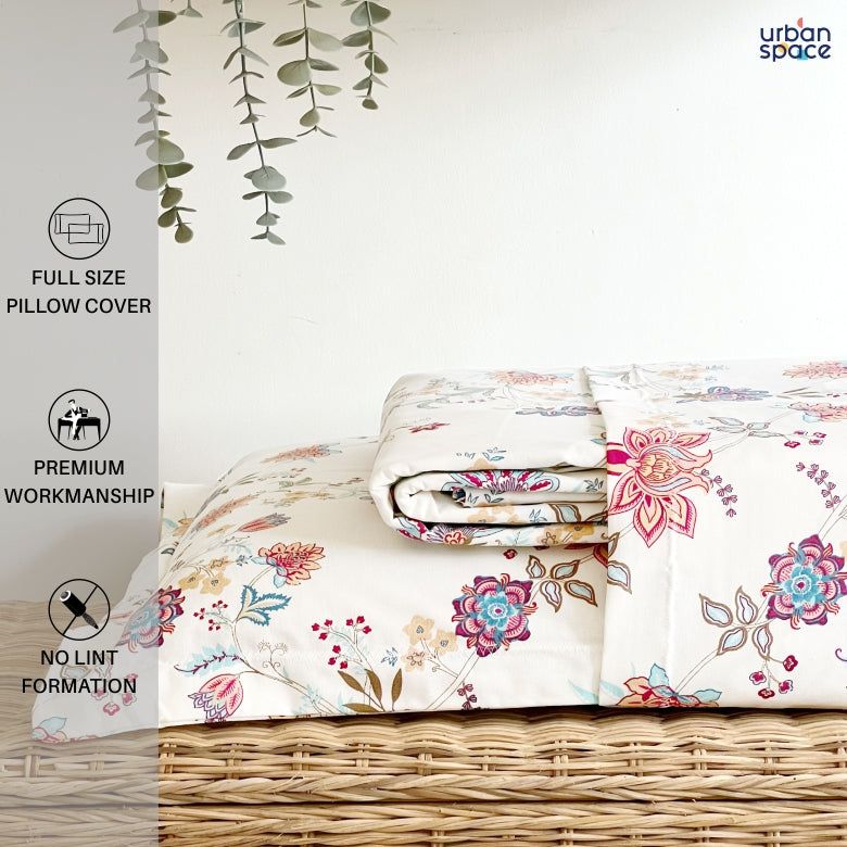 Urban Space -Home Furnishing Store Serene 200 TC 100% Cotton Single Printed Bedsheet with Pillow Covers - Paradise Peach & Blue - view 4