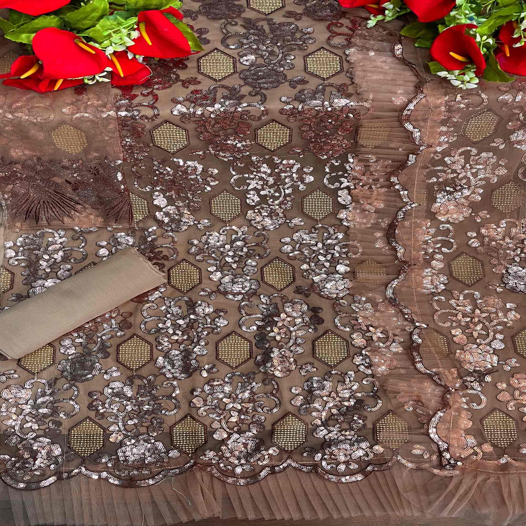 Peachmode Brown Embellished With Embroidered Net Pakistani Suit - view 5