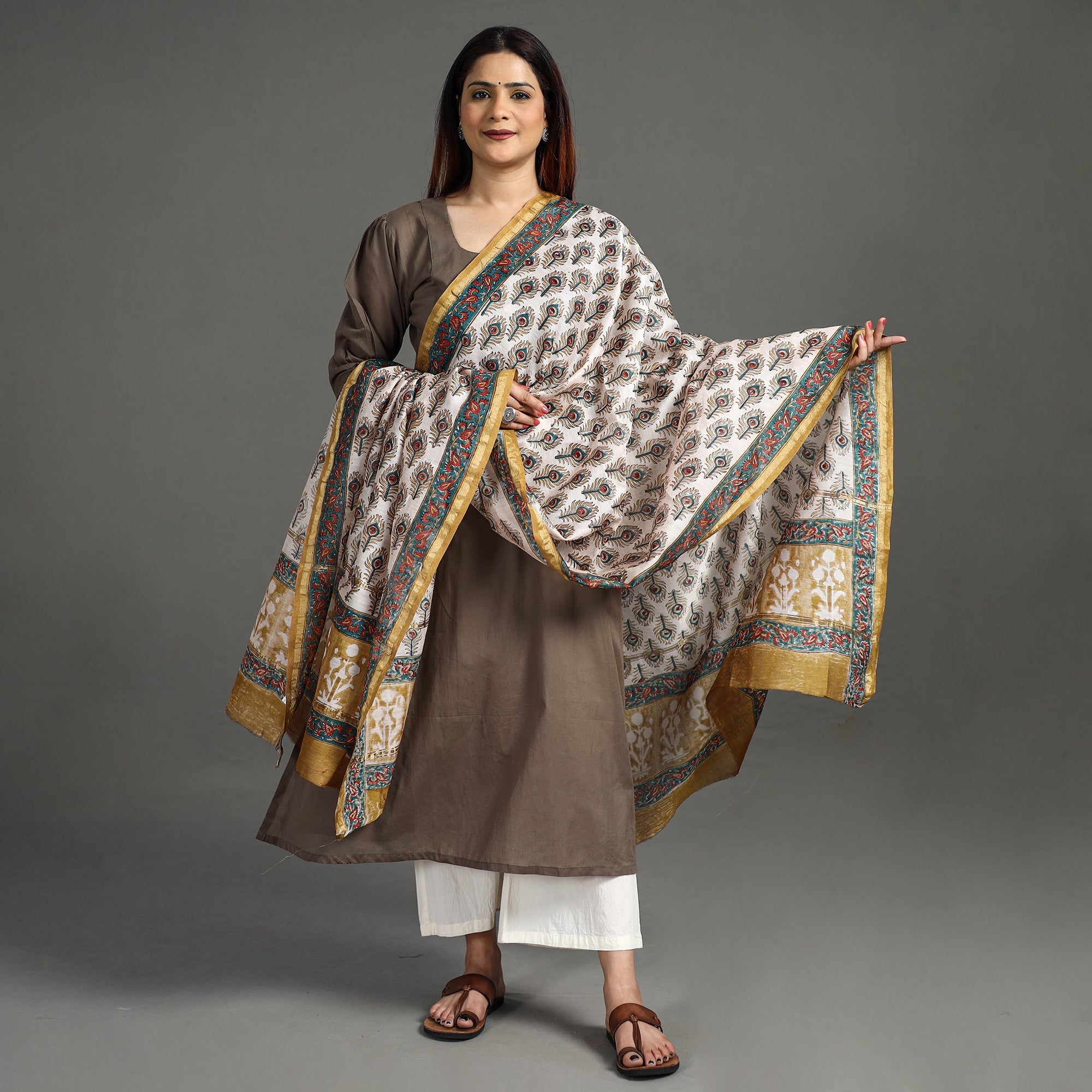 ARTISAN HAND BLOCK PRINTS Brown - Handloom Chanderi Silk Sanganeri Print Dupatta 28
