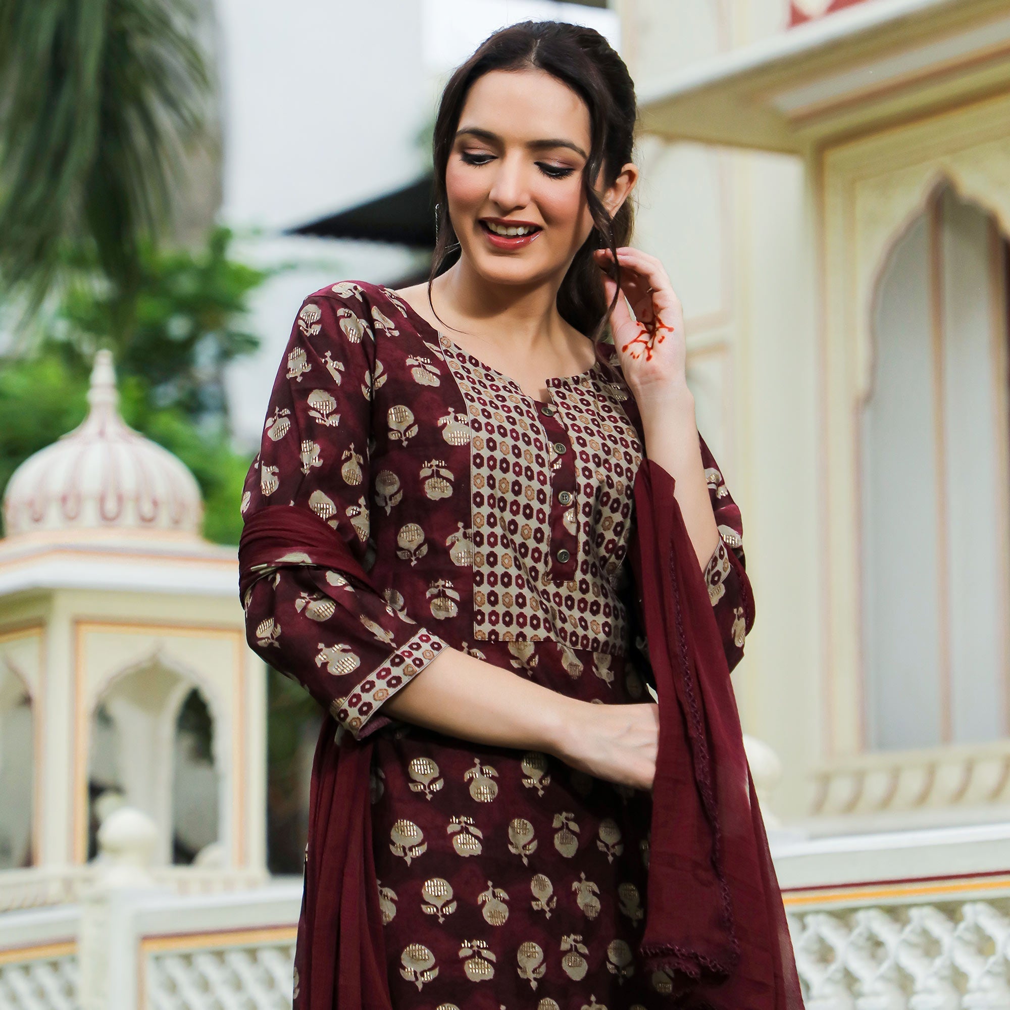 Peachmode Maroon Floral Foil Printed Modal Suit - view 8