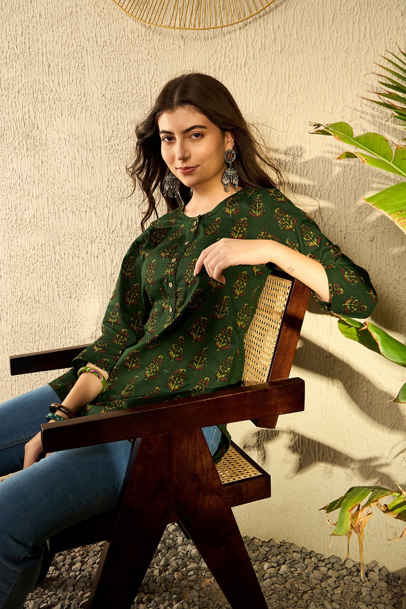 Ahika Green Cotton Blend Ethnic Motifs Printed Regular Tunic VT1297 - view 4