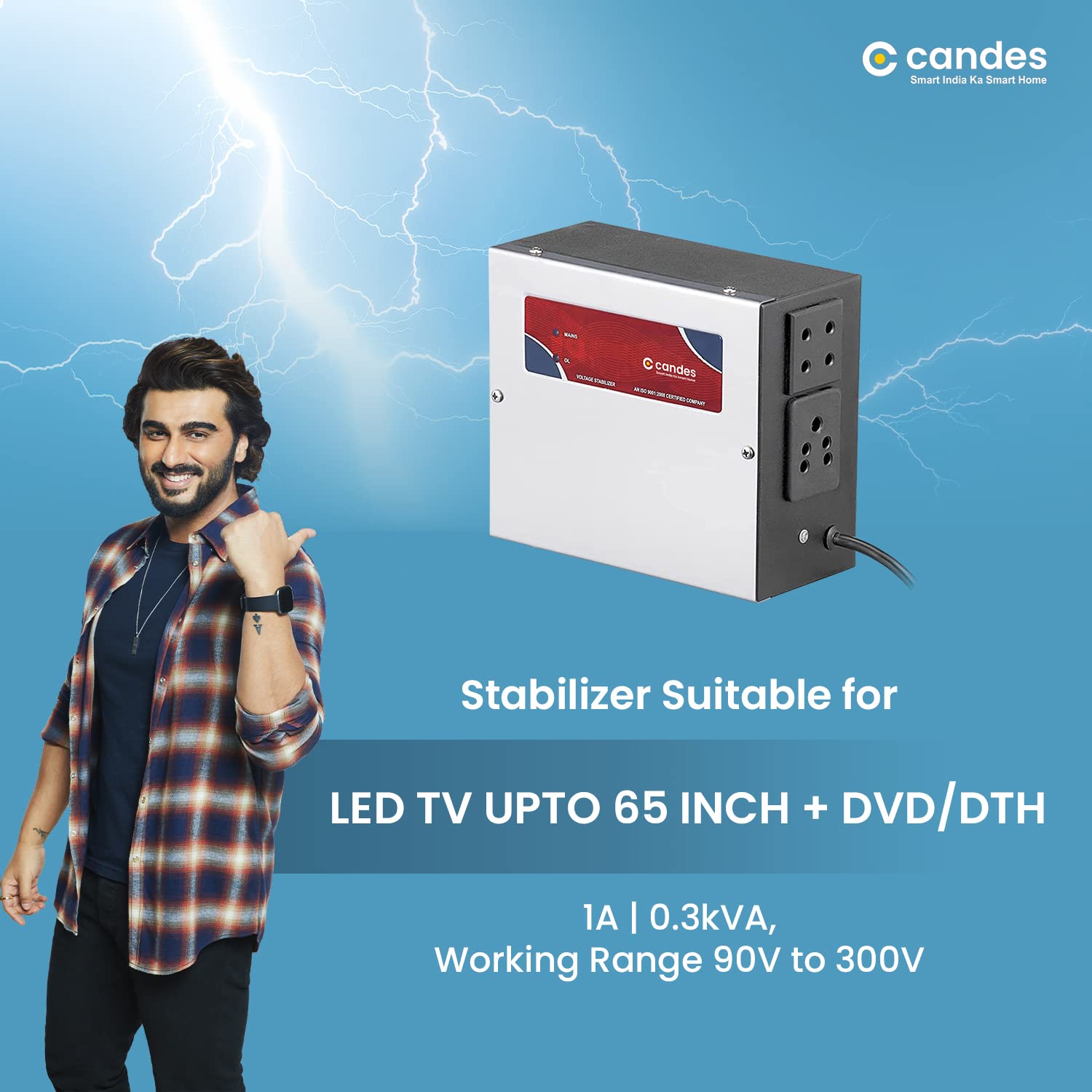 Candes for LCD/LED TV Up to 65inch + Set-Top Box/DVD Player (90V to 300V) 100% Copper Voltage Stabilizer Wall Mountable SS Cabinet 2 Year Warranty (Si - view 2