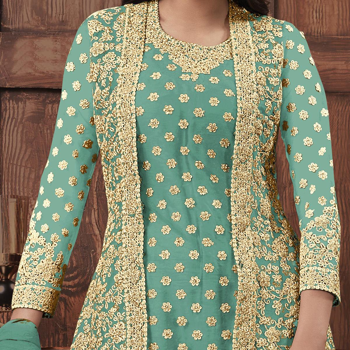 Peachmode Flirty Aqua Blue Coloured Partywear Embroidered Butterfly Net Pakistani Straight Suit - view 2