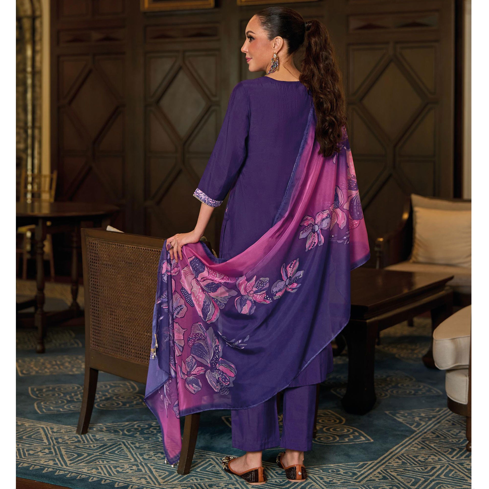 Peachmode Purple Floral Handwork Embroidered Viscose Salwar Suit - view 3