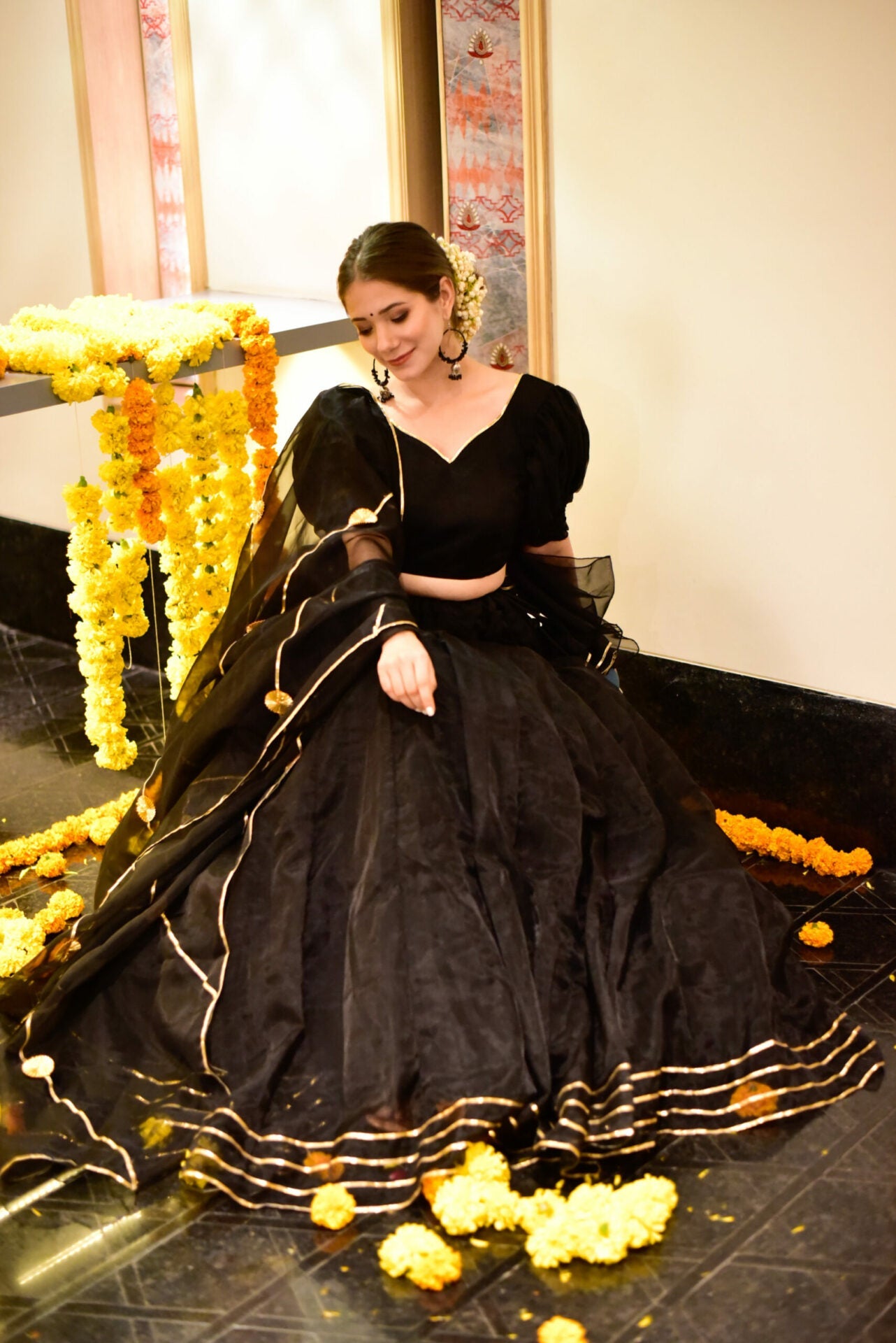 Idaho-o siddhi black organza lehenga choli set