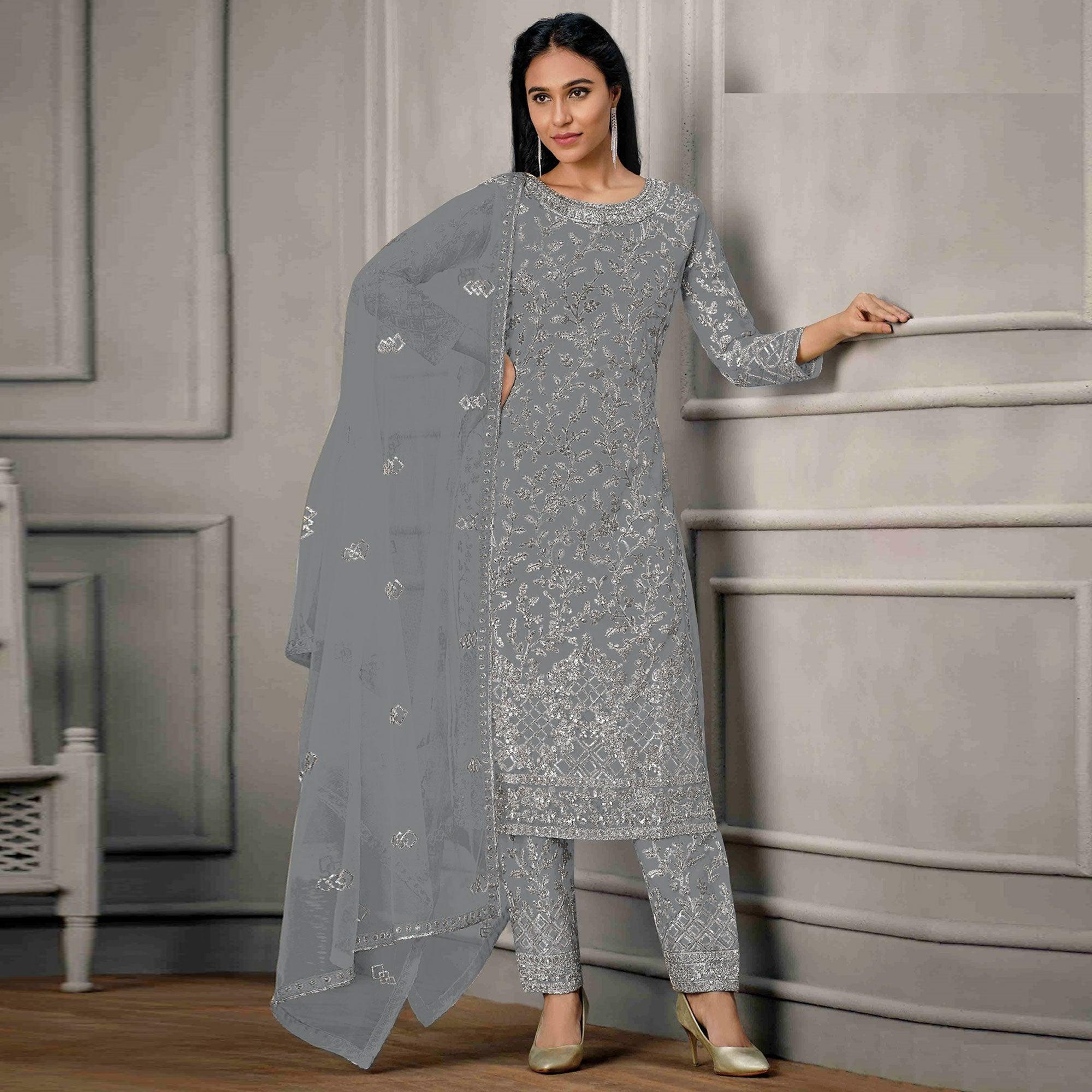 Peachmode Grey Sequins Floral Embroidered Net Salwar Suit - view 2