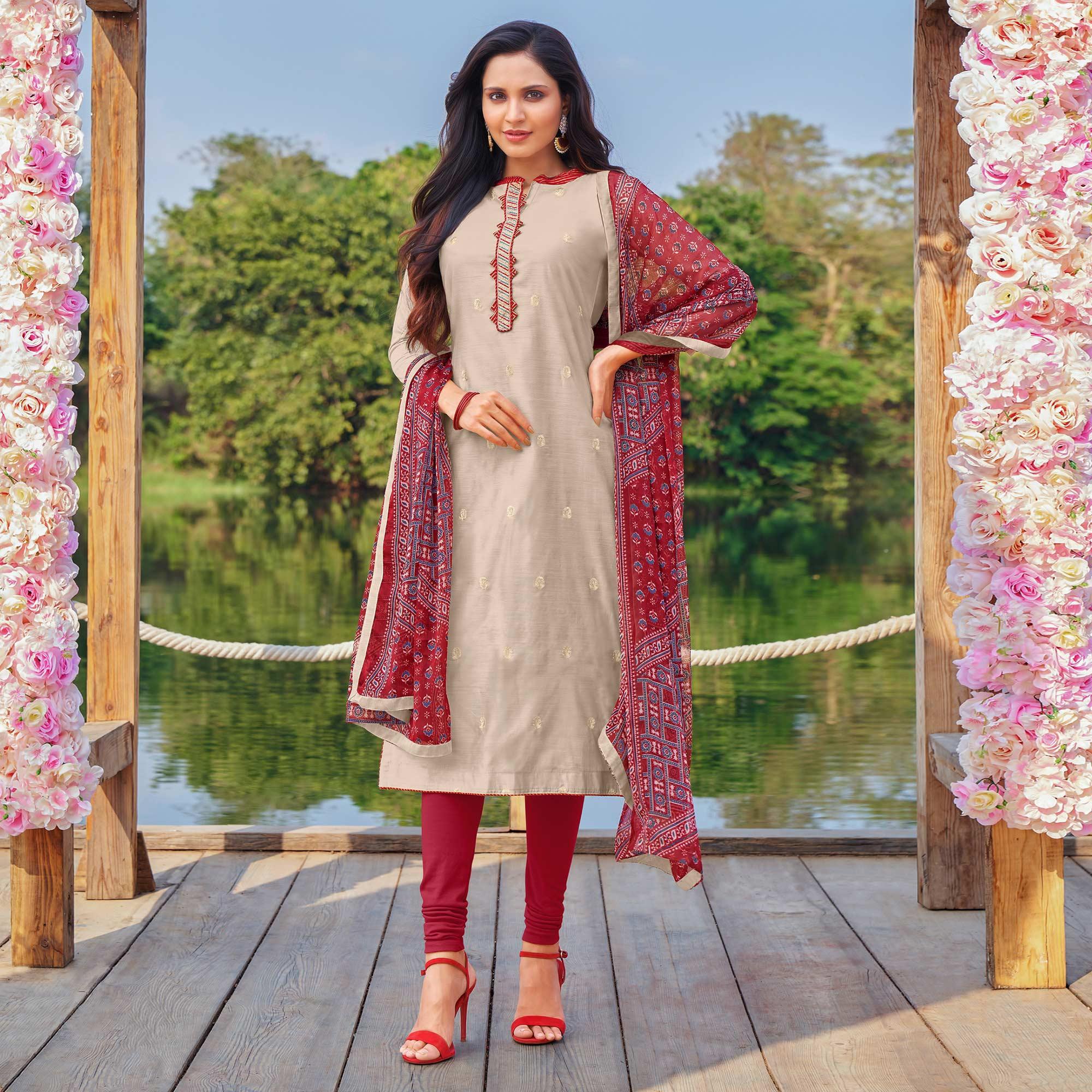 Peachmode Dazzling Offwhite Colored Partywear Embroidered Modal Cotton Dress Material