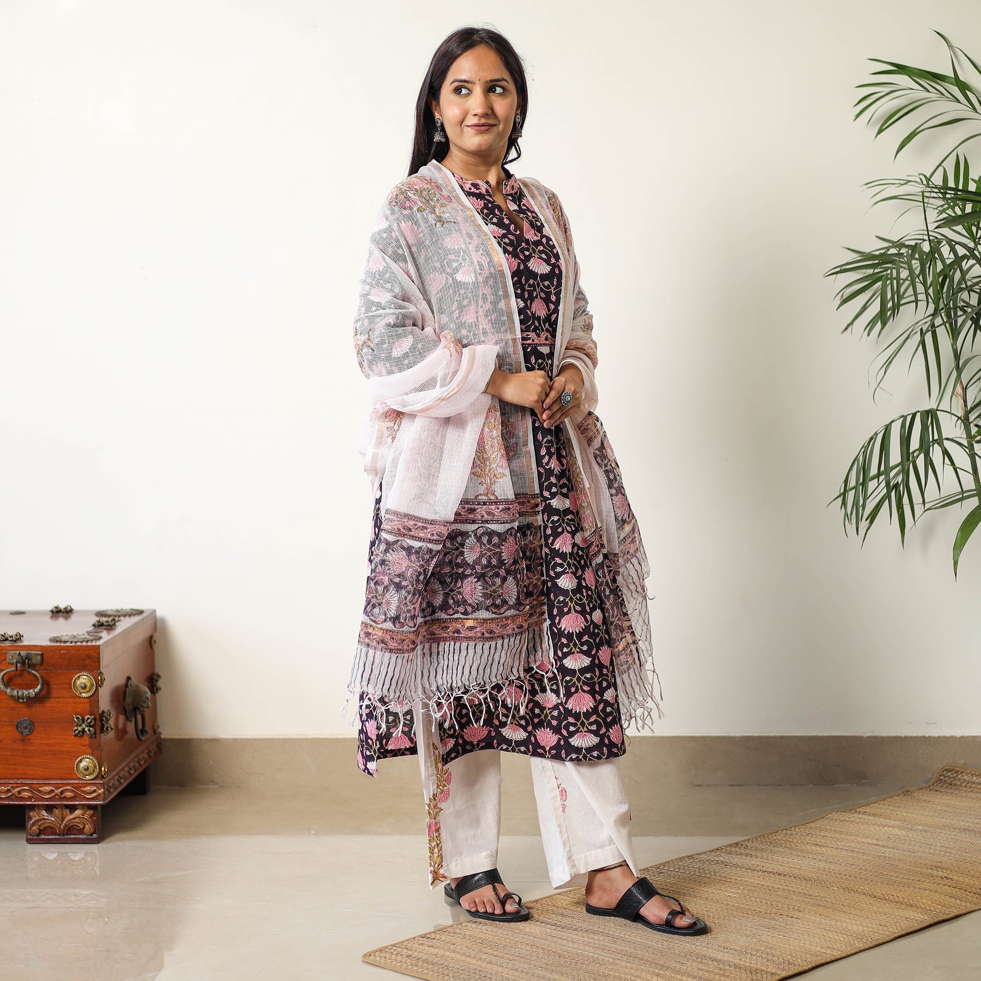 ITOKRI CASUALS Black - Sanganeri Block Printed Cotton Kurta with Palazzo & Dupatta Set 16 - view 4