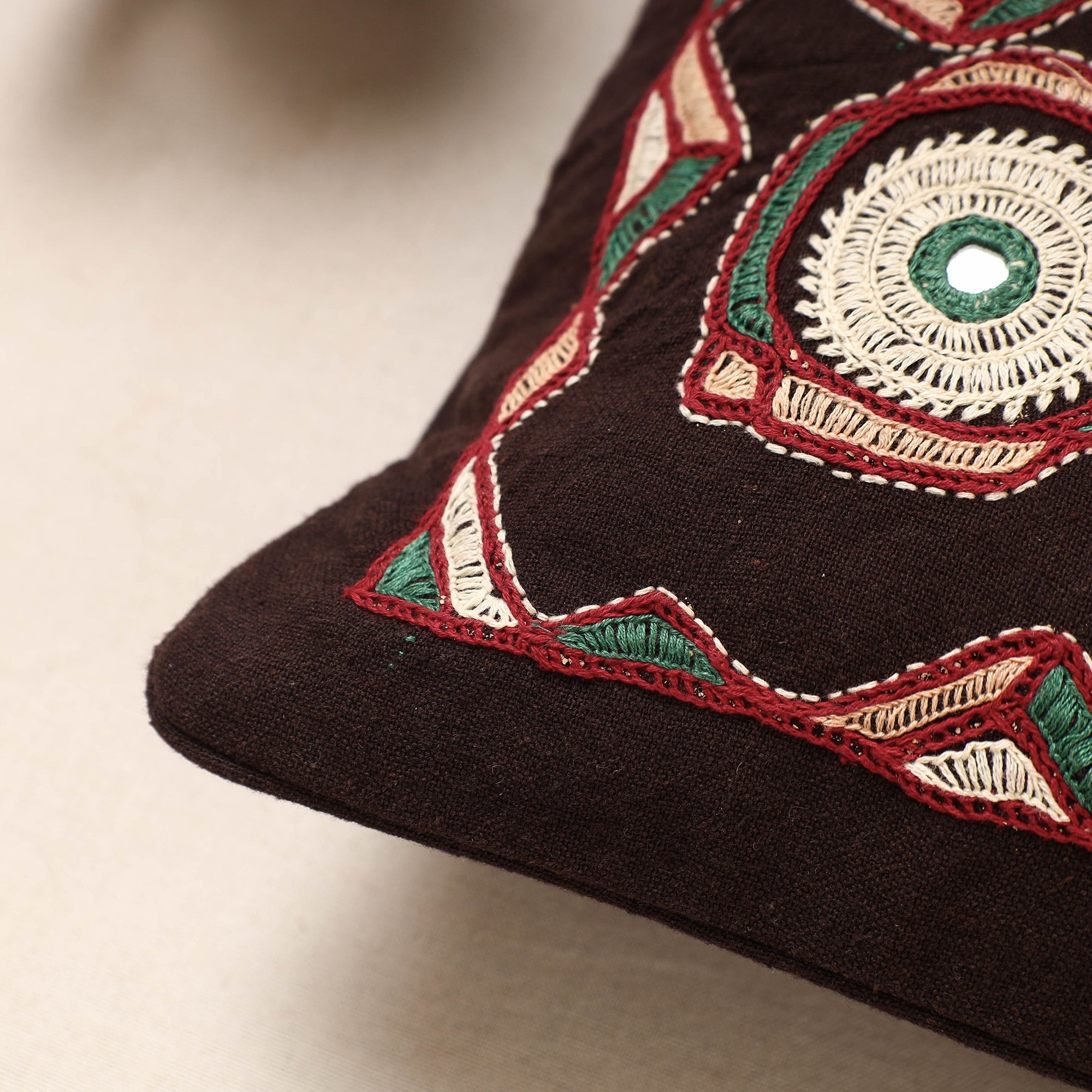 Black - Kala Raksha Pakko Hand Embroidered Pure Cotton Cushion Cover (12 x 12 in) - view 2