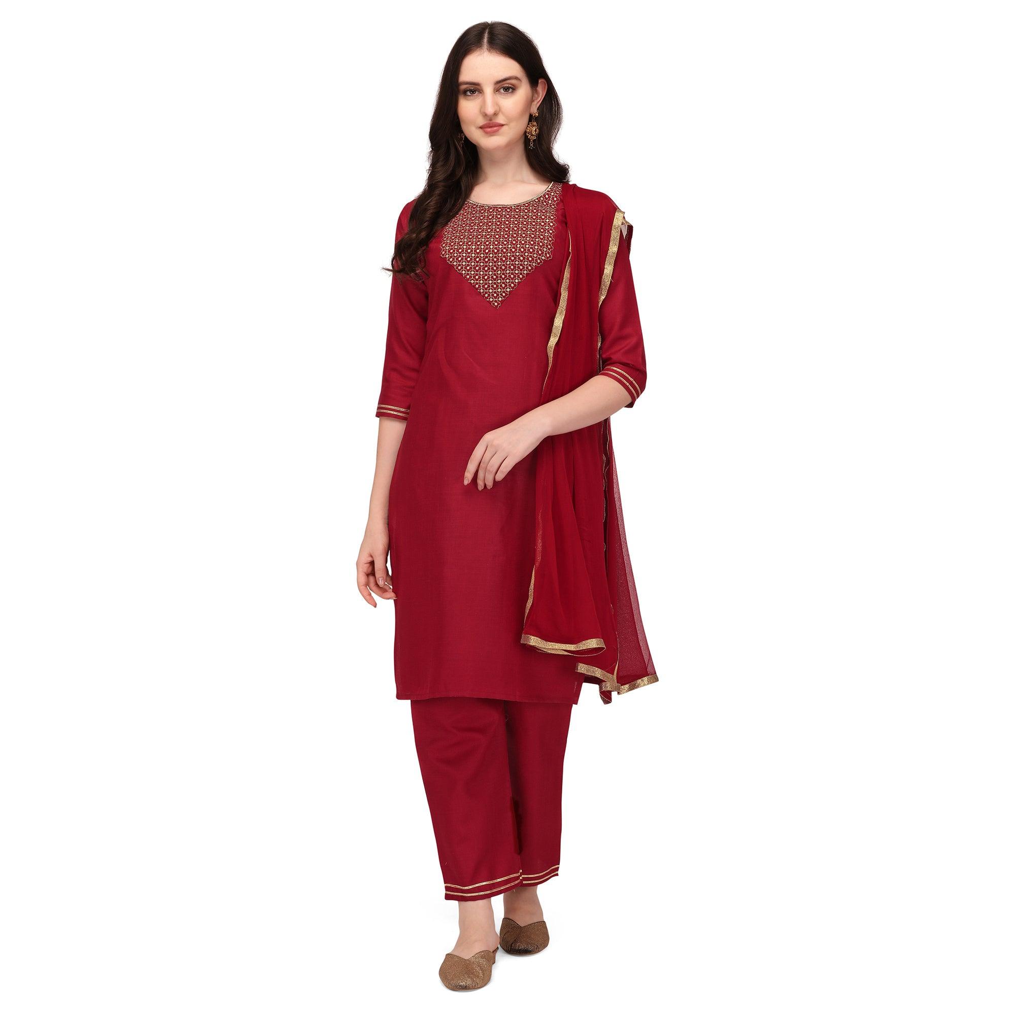 Peachmode Seller Maroon Embroidered Cotton Blend Kurti Pant Set With Dupatta - view 2