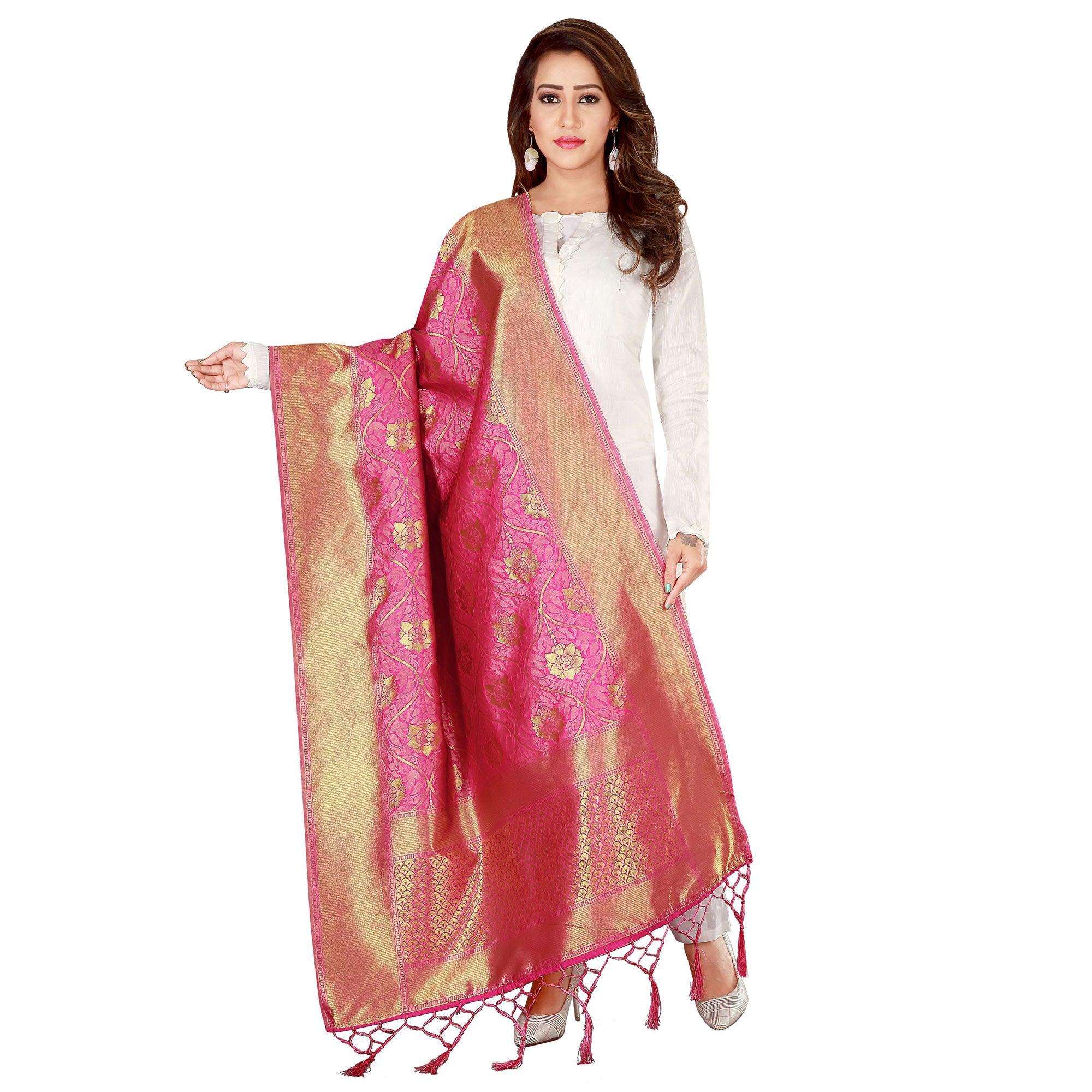 Peachmode Seller Charming Pink Colored Festive Wear Banarasi Silk Dupatta