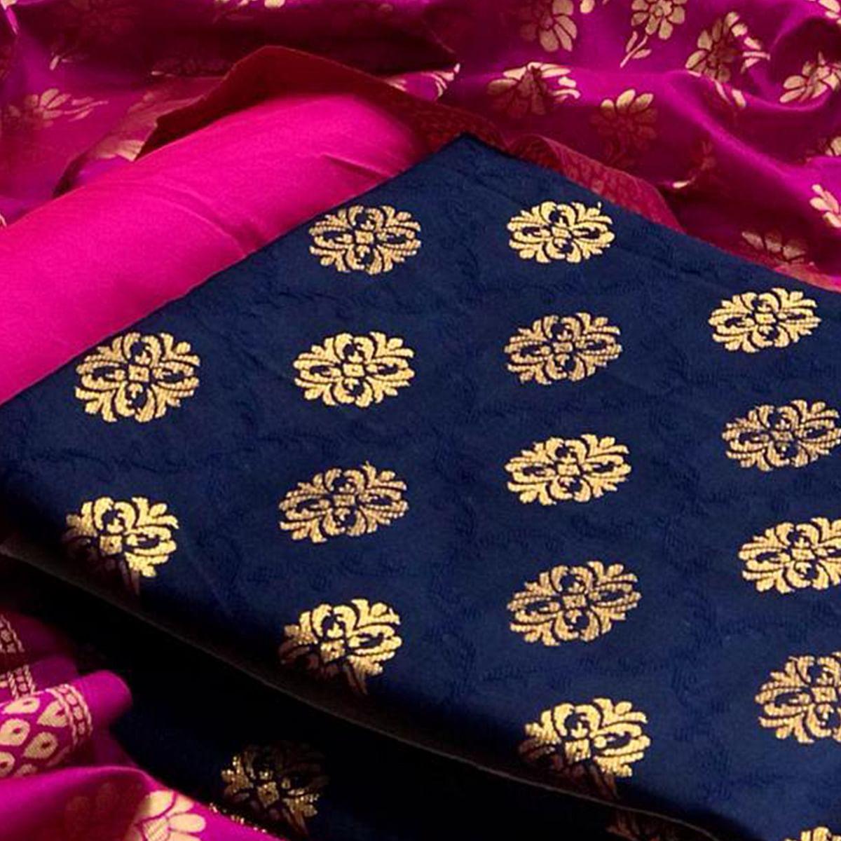 Peachmode Blue-Pink Festive Wear Woven Banarasi Silk Dress Material - view 2