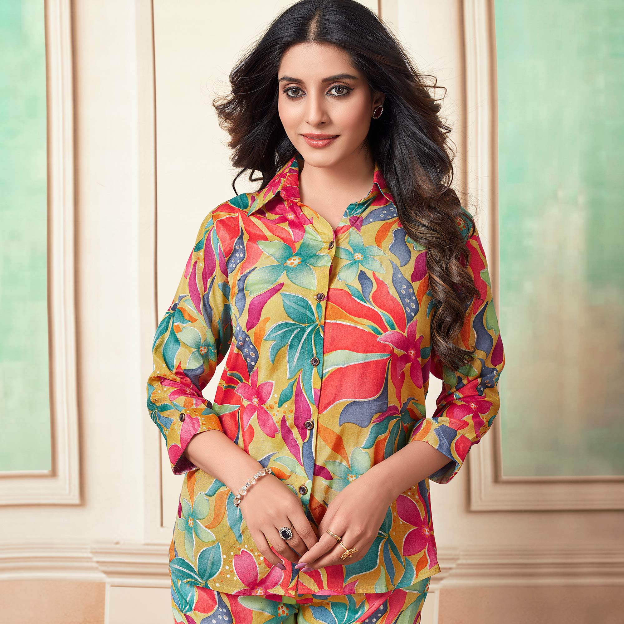 Peachmode Multicolor Floral Foil Printed Muslin Co Ord Set - view 3