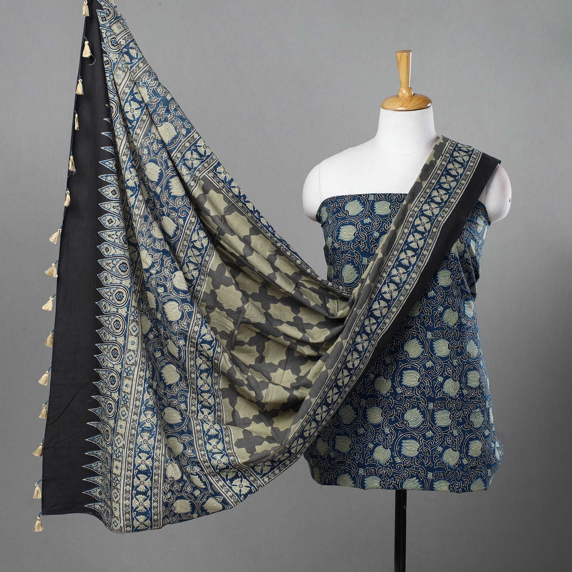 AJRAKH BY SUFIYAN ISMAIL KHATRI Blue - Hand Block Print Cotton 3pc Ajrakh Dress Material 16