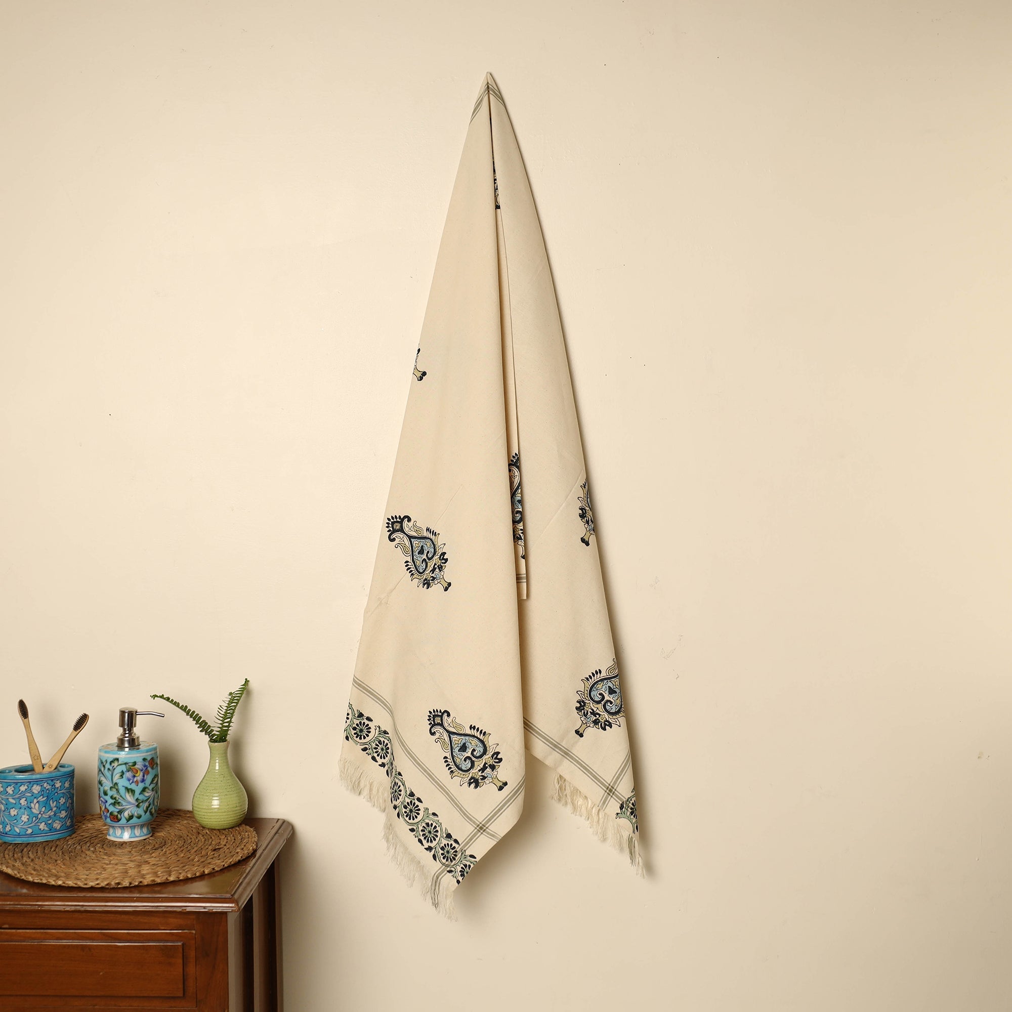 ARTISAN HAND BLOCK PRINTS Beige - Block Printed Handloom Cotton Sanganeri Towel 34