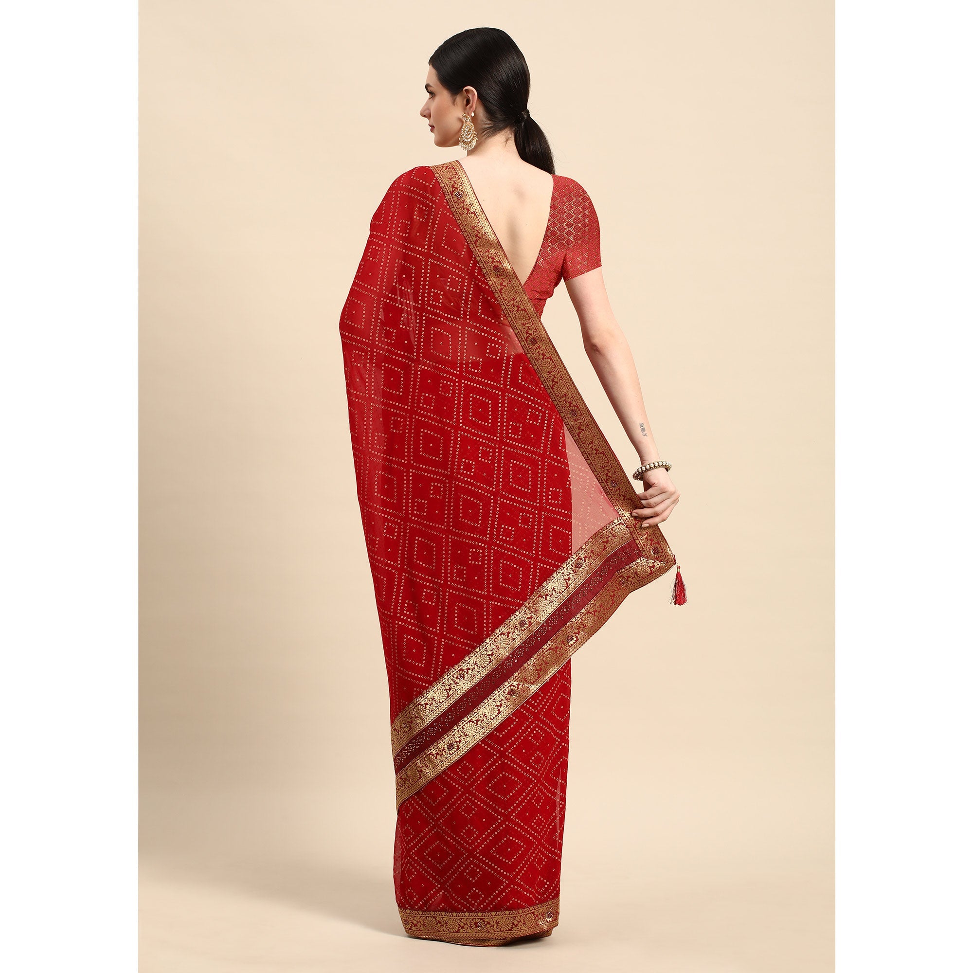 Peachmode Dark Red Foil Printed With Swarovski Georgette Saree - view 4