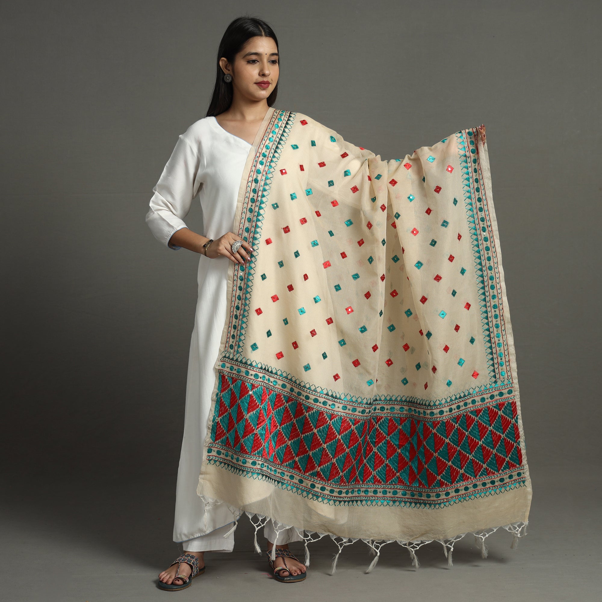 ITOKRI CRAFTS INITIATIVE Beige - Phulkari Hand Embroidery Chanderi Silk Cotton Dupatta 25