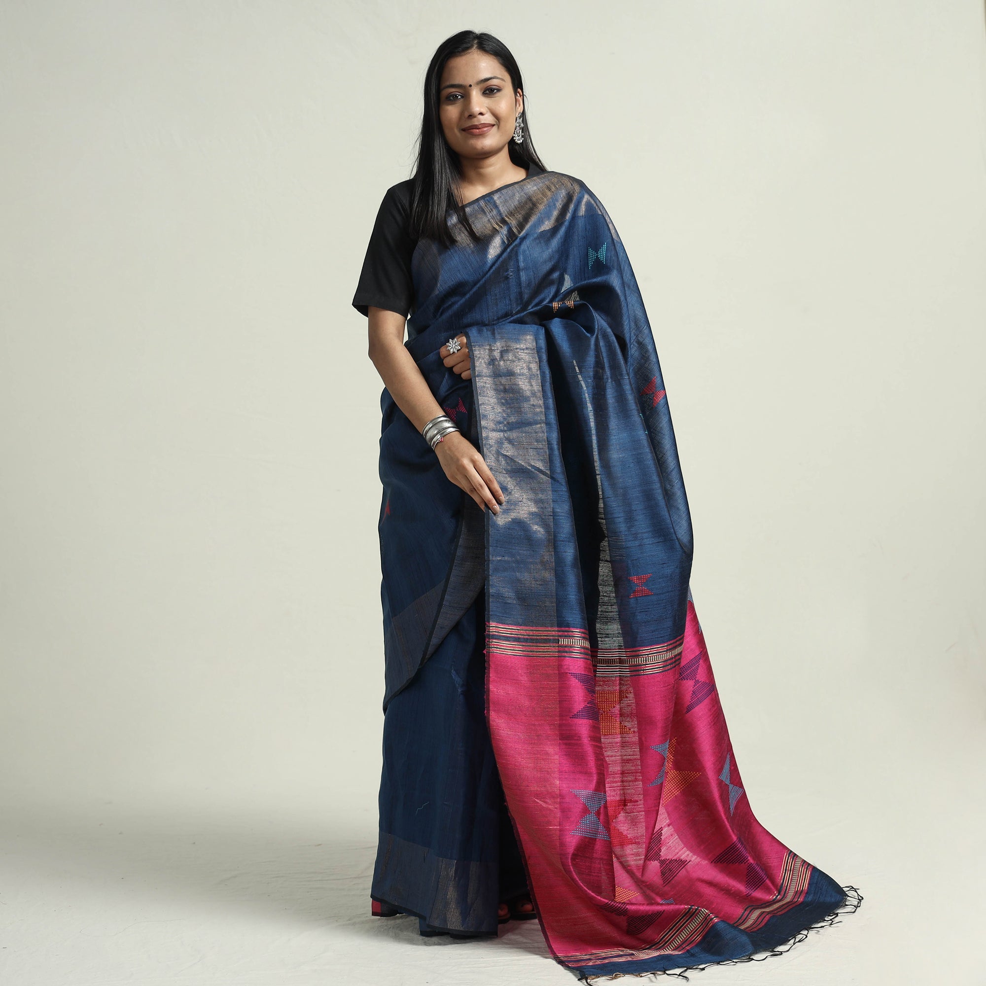 ITOKRI CRAFTS INITIATIVE Blue - Bhagalpuri Pure Desi Tussar Silk Handloom Saree with Zari Border