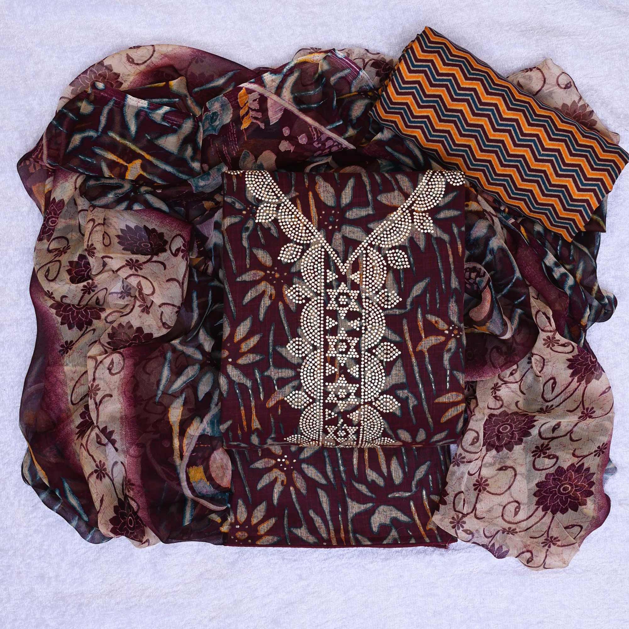 Peachmode Maroon Floral Printed Pure Cotton Dress Material