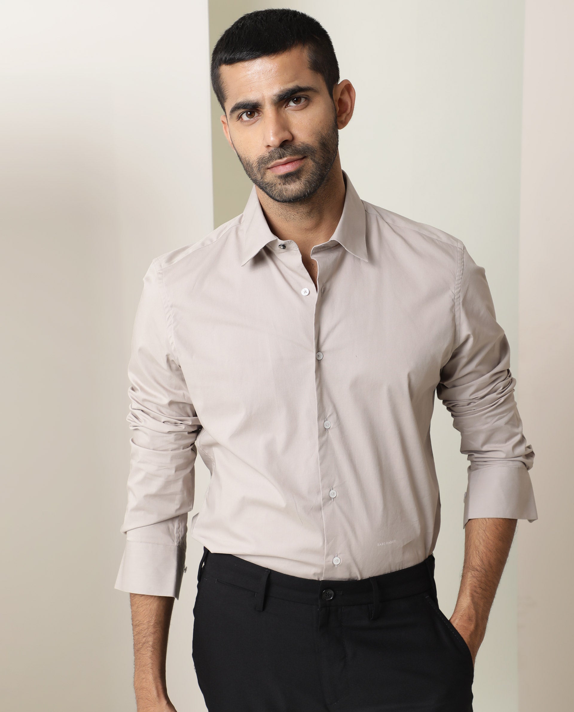 Rare Rabbit Men's Neutons Beige Cotton Lycra Fabric Full Sleeves Solid Shirt - view 3