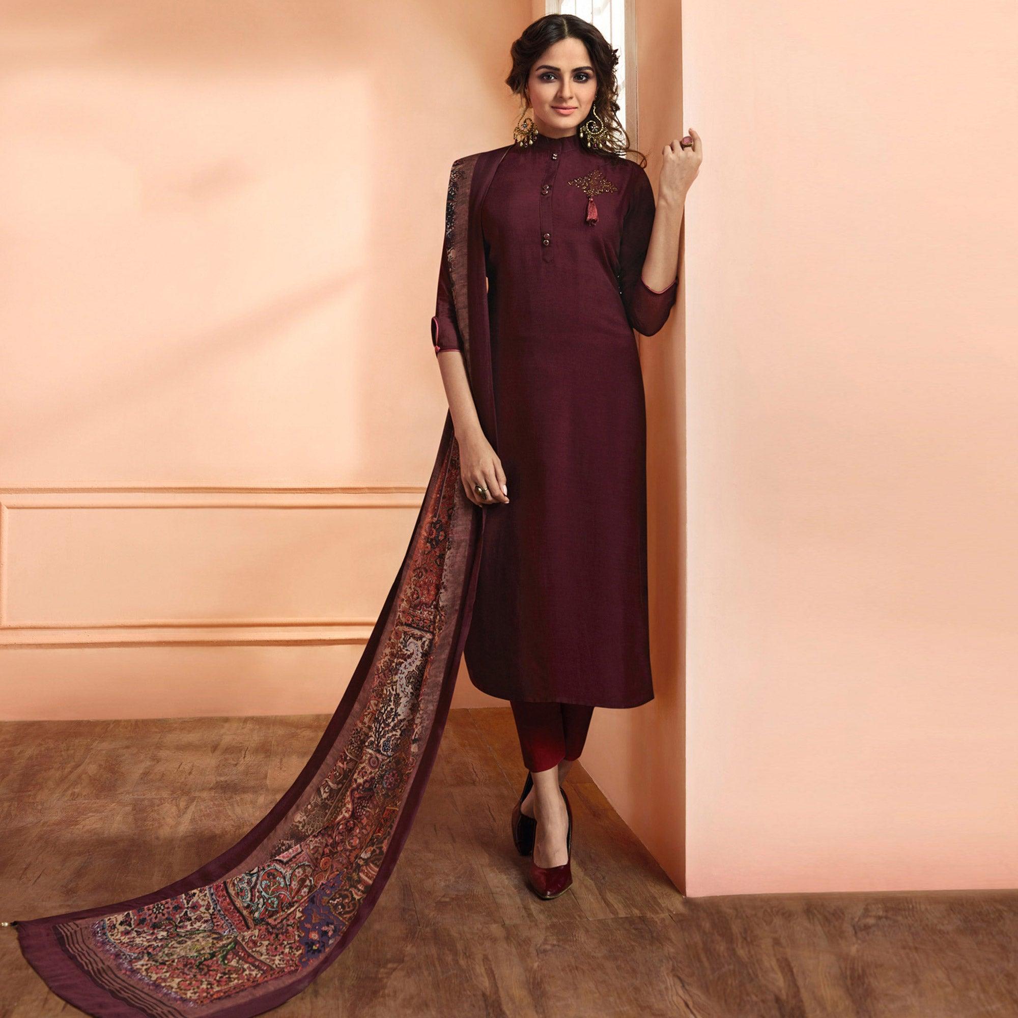 Peachmode Dark Wine Partywear Embroidered Cotton Silk salwar Suit