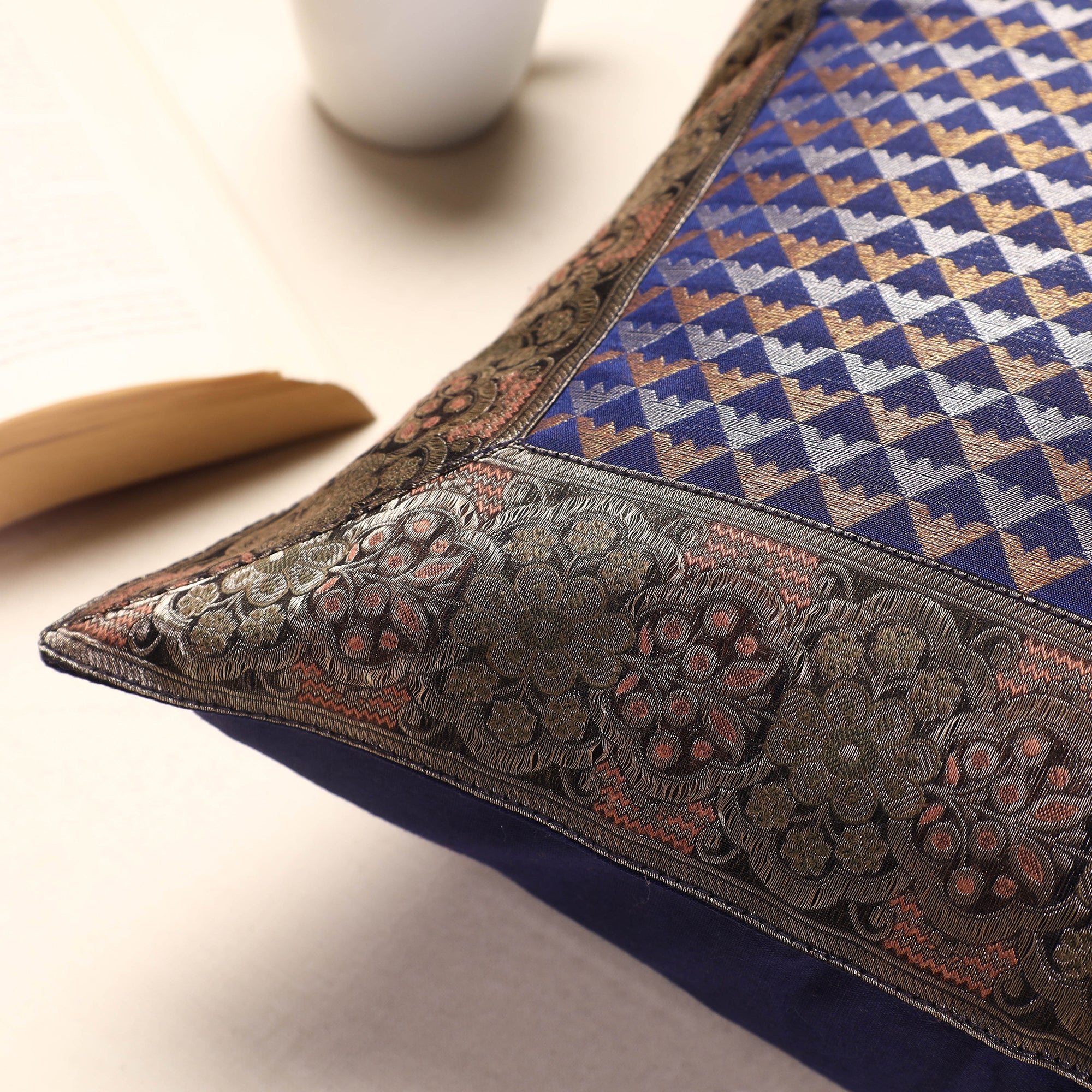 BANARASI BY MAQBUL HASAN Blue - Banarasi Handwoven Silk Zari Cushion Cover (16 x 16 in) - view 2