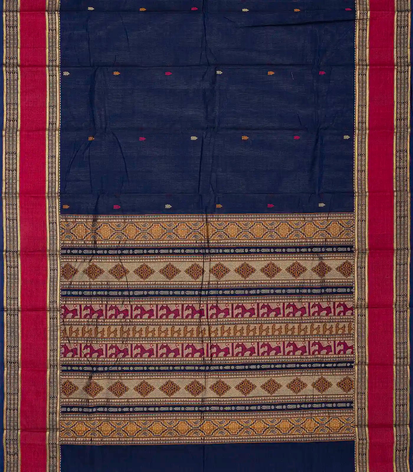 RmKV Navy Blue Handloom Kanchi Cotton Saree With Spear Buttas - view 2