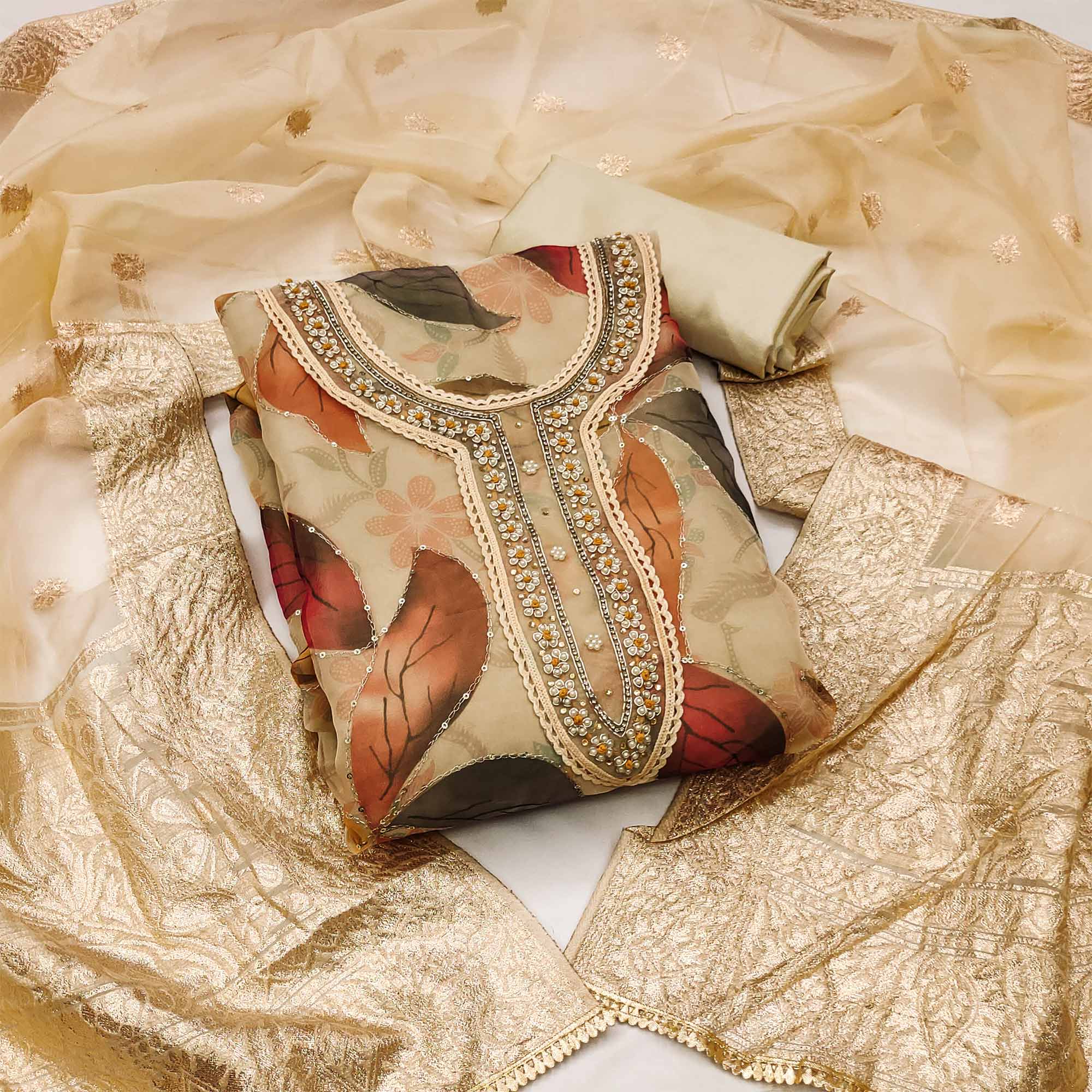 Peachmode Chikoo Floral Printed With Hand Embroidered Organza Dress Material