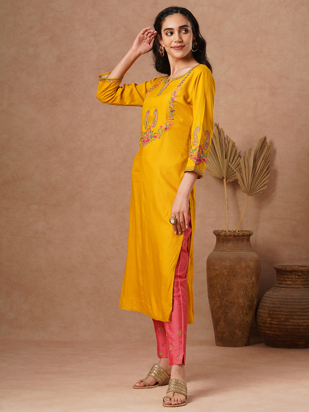 FASHOR Ethnic Embroidered Straight Fit Kurta - Yellow