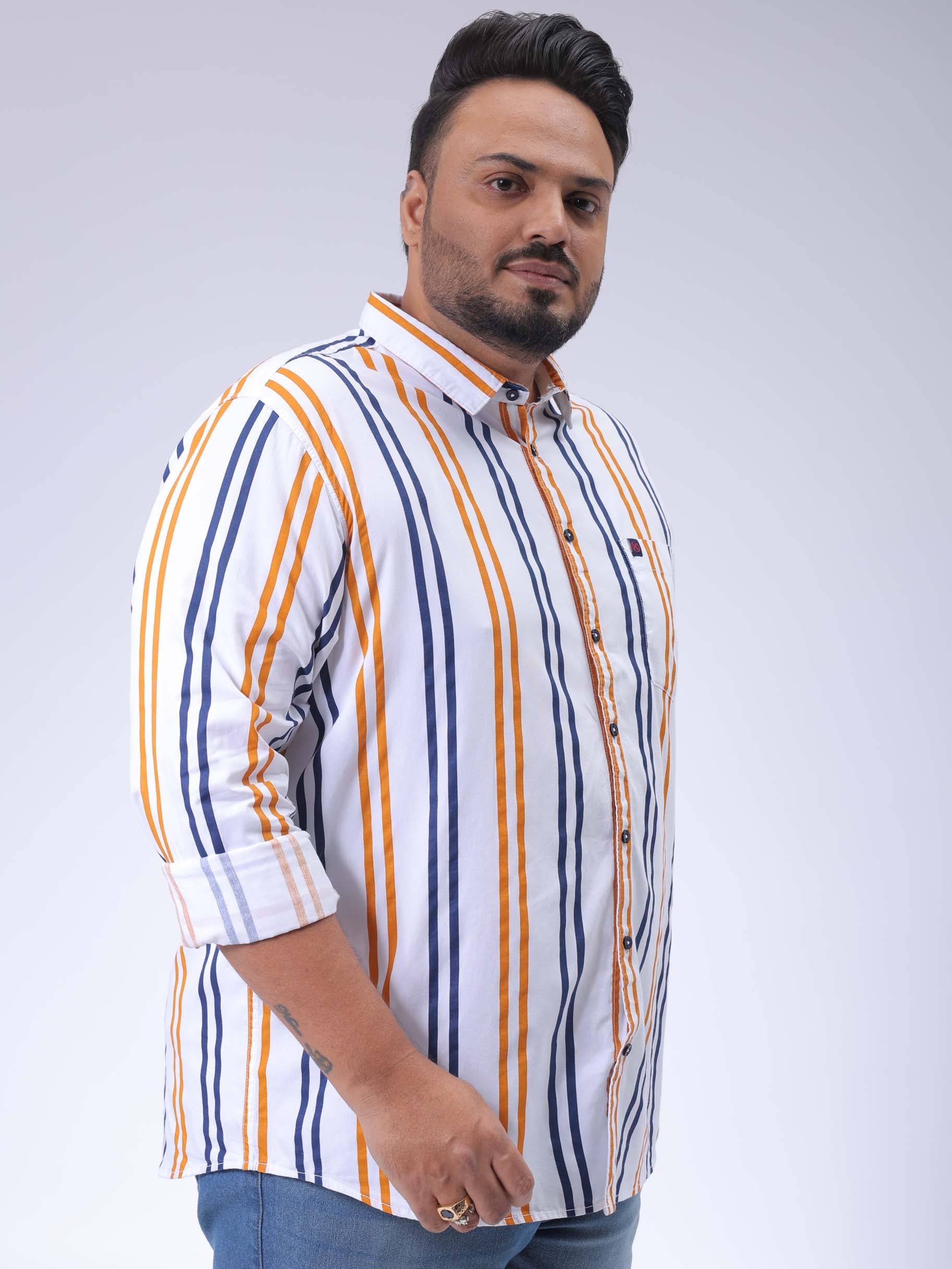HARDSODA Men's Plus Size White Regular Fit Vertical Striped Casual Shirt - view 4
