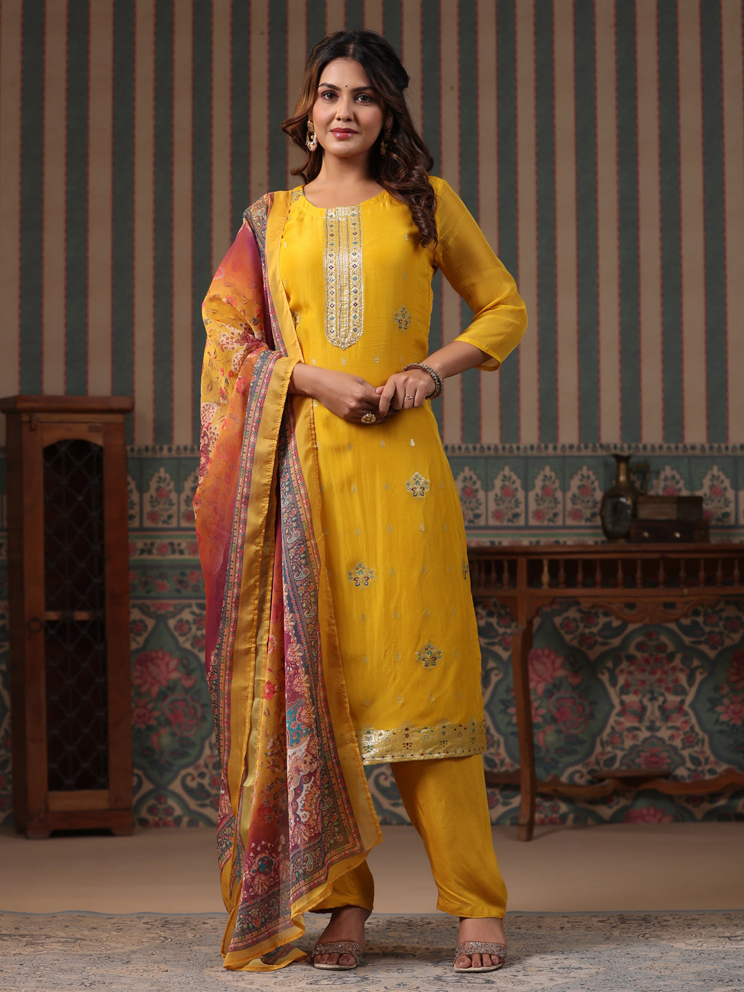 Fashor Ethnic Woven Jacquard Straight Kurta with Pant & Printed Dupatta - Yellow