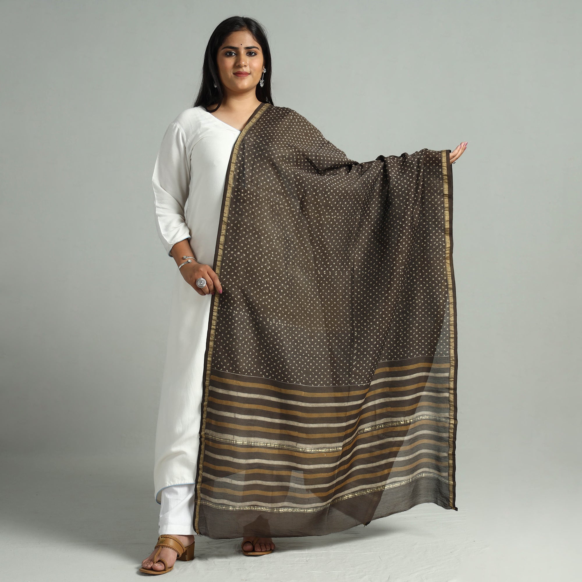 HAVELI CHRONICLES Brown - Akola Dabu Block Printed Handloom Chanderi Silk Dupatta with Zari Border 11