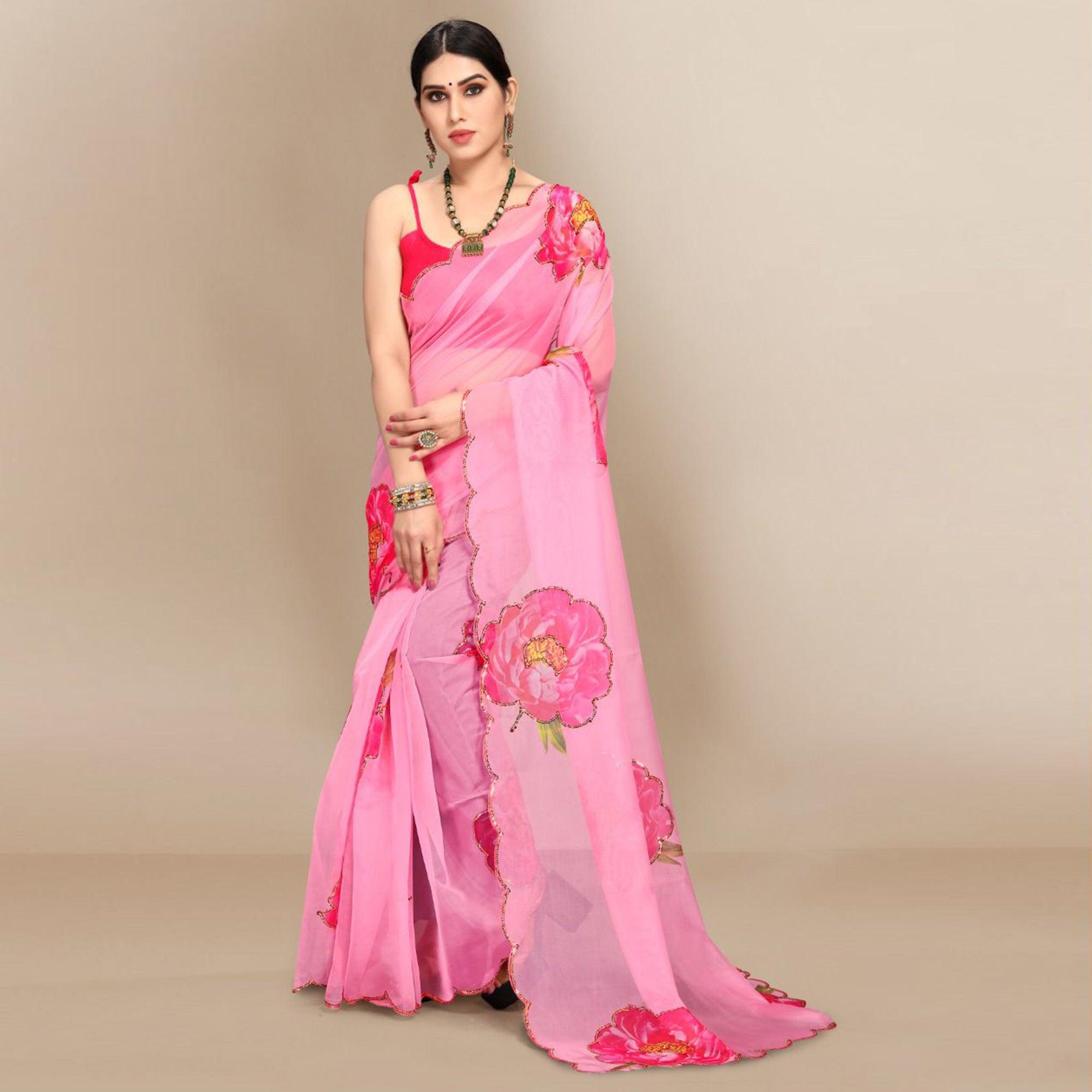 Peachmode Dark Pink Partywear Sequins & Printed Organza Saree