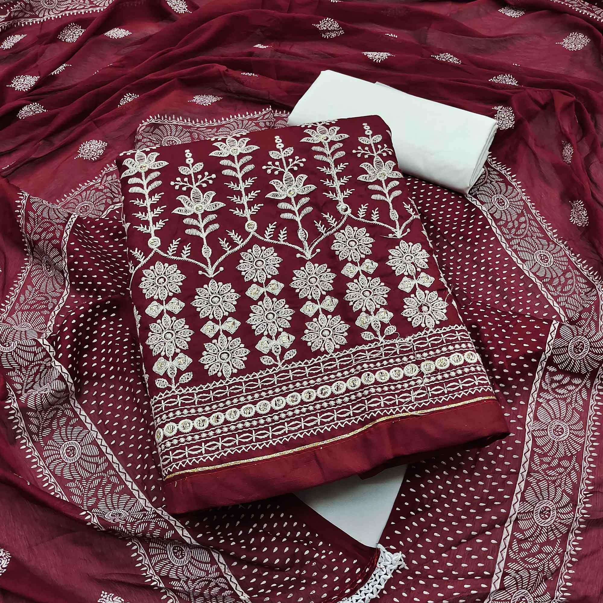 Peachmode Maroon Floral Embroidered Pure Cotton Dress Material