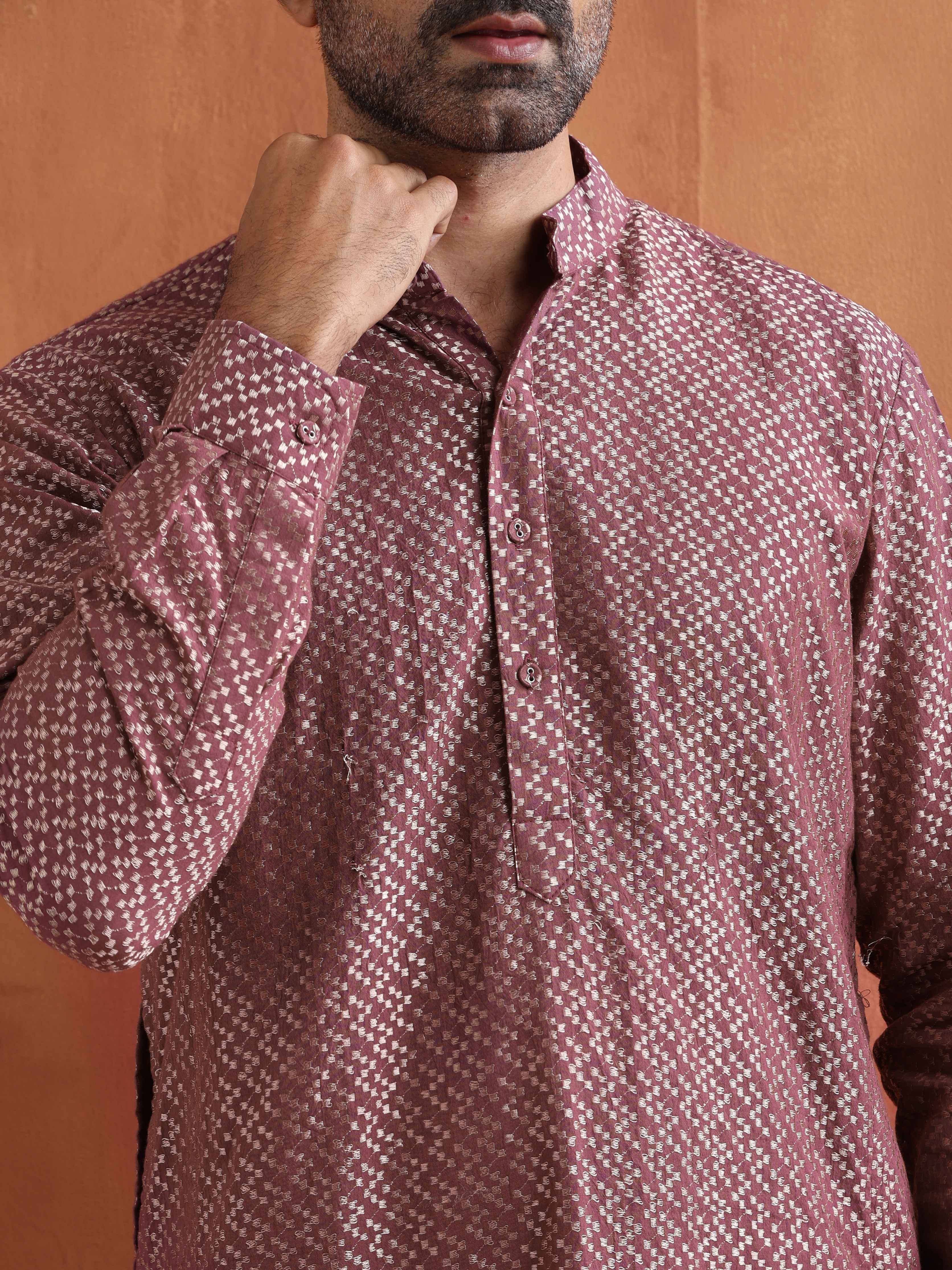trueBrowns Men's Purple Cotton Dobby Kurta - view 4