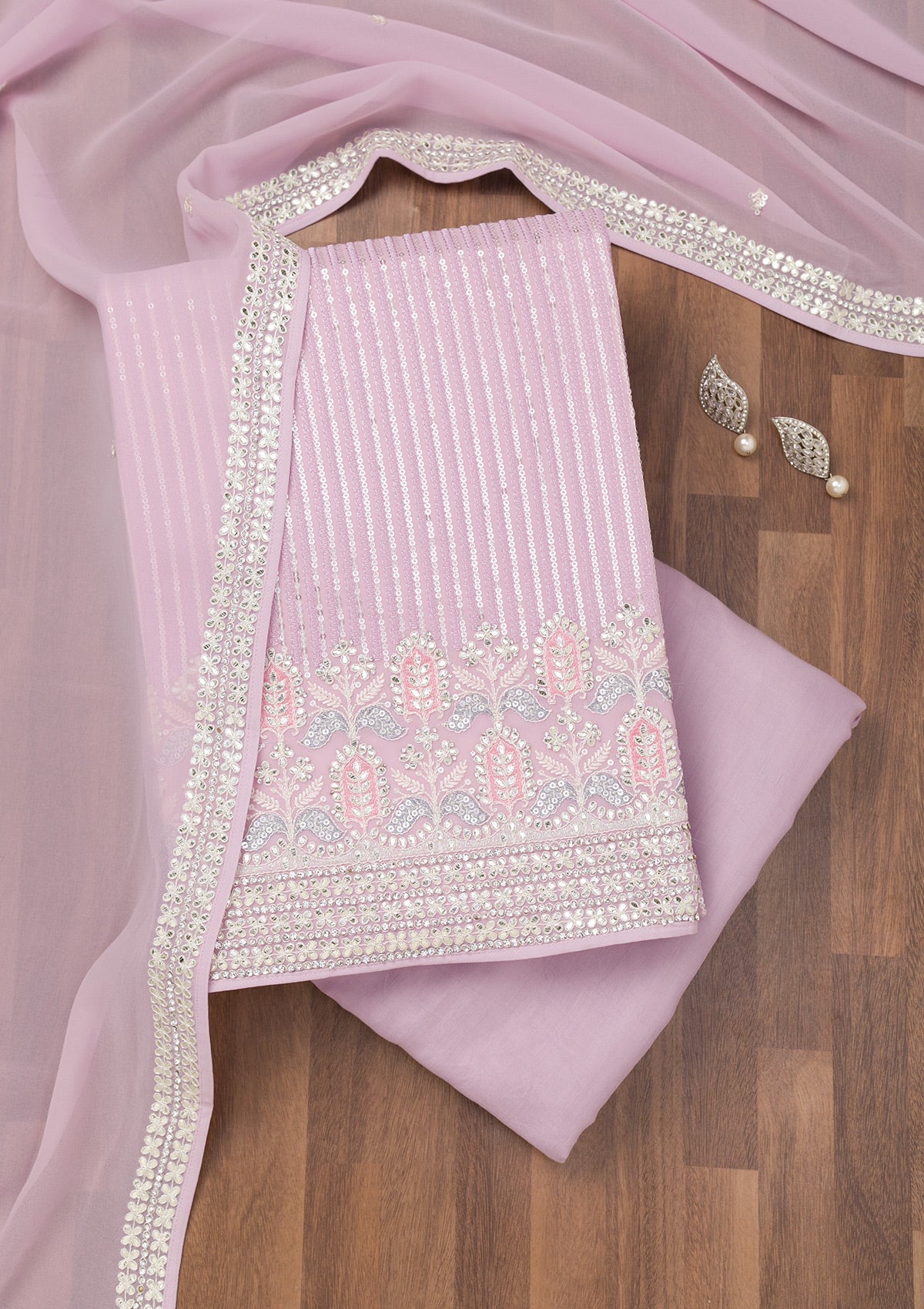 Koskii Lavender Threadwork Georgette Unstitched Salwar Suit