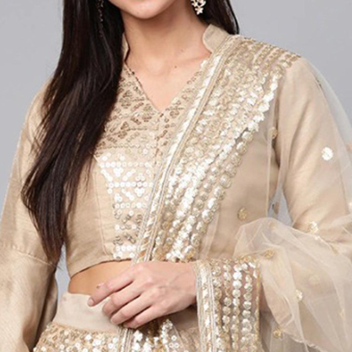 Peachmode Light Grey Designer Wedding Wear Thread Zari Work Soft Net Lehenga Choli - view 10
