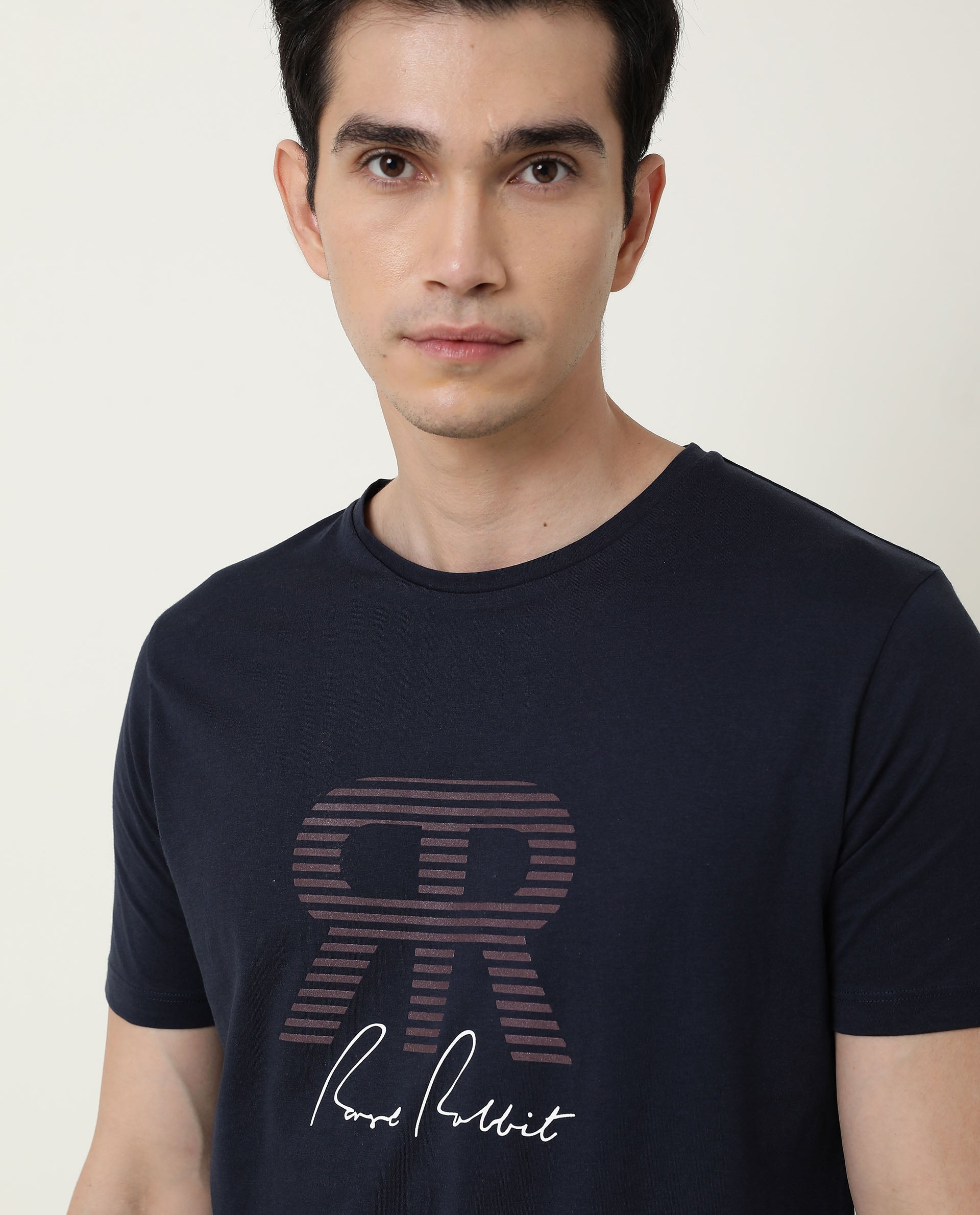 Rare Rabbit Mens Near Navy T-shirt Cotton Fabric Slim Fit Crew Neck Short Sleeve Graphic Print - view 6