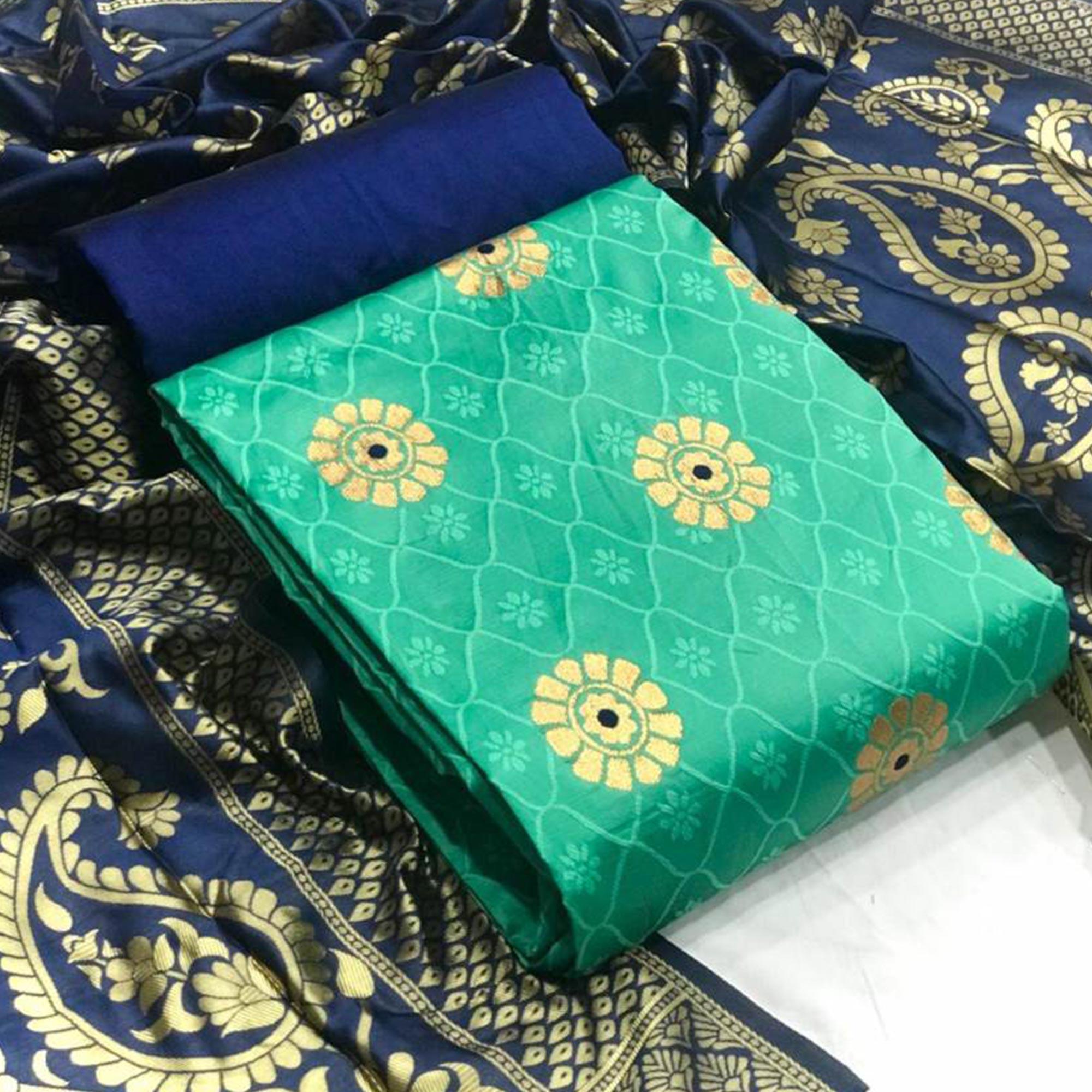 Peachmode Mesmeric Sea Green Colored Casual Wear Banarasi Silk Dress Material