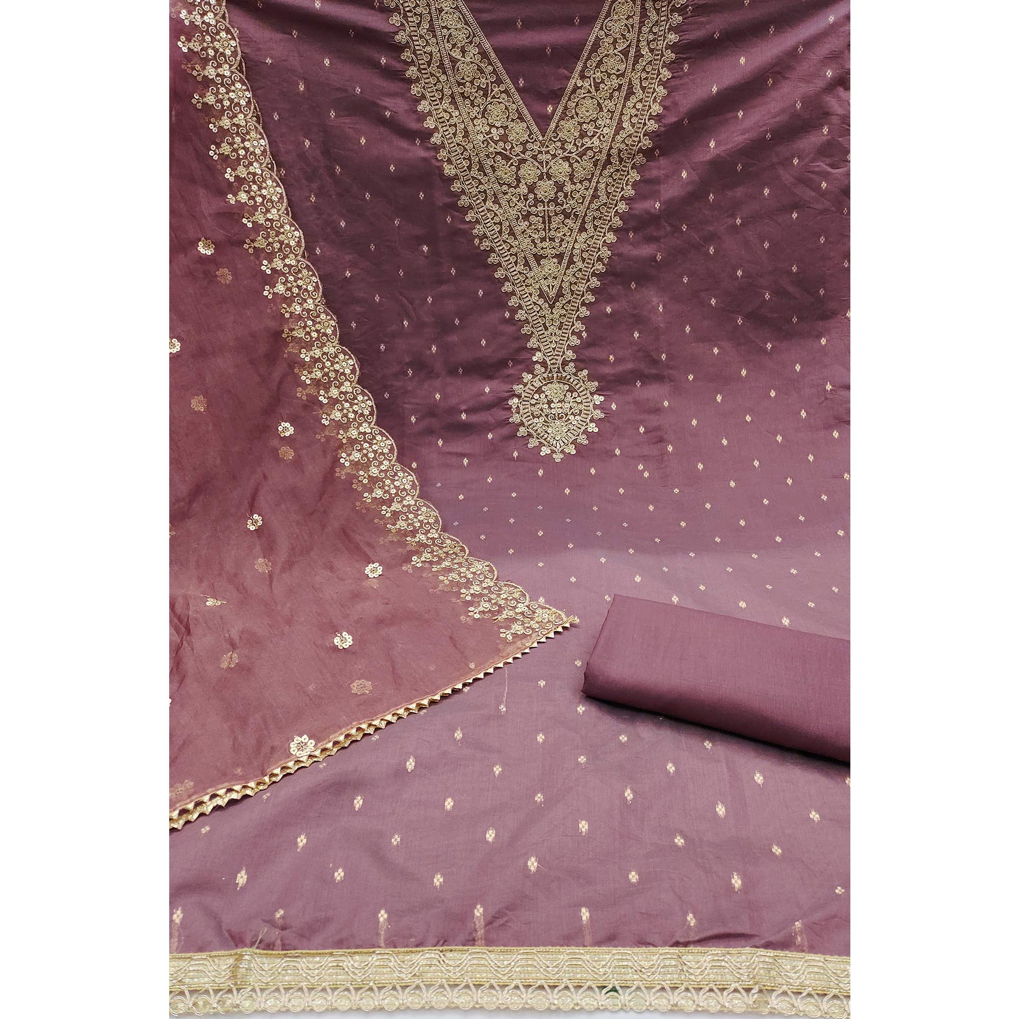 Peachmode Mauve Sequins Embroidered With Woven Chanderi Dress Material - view 3