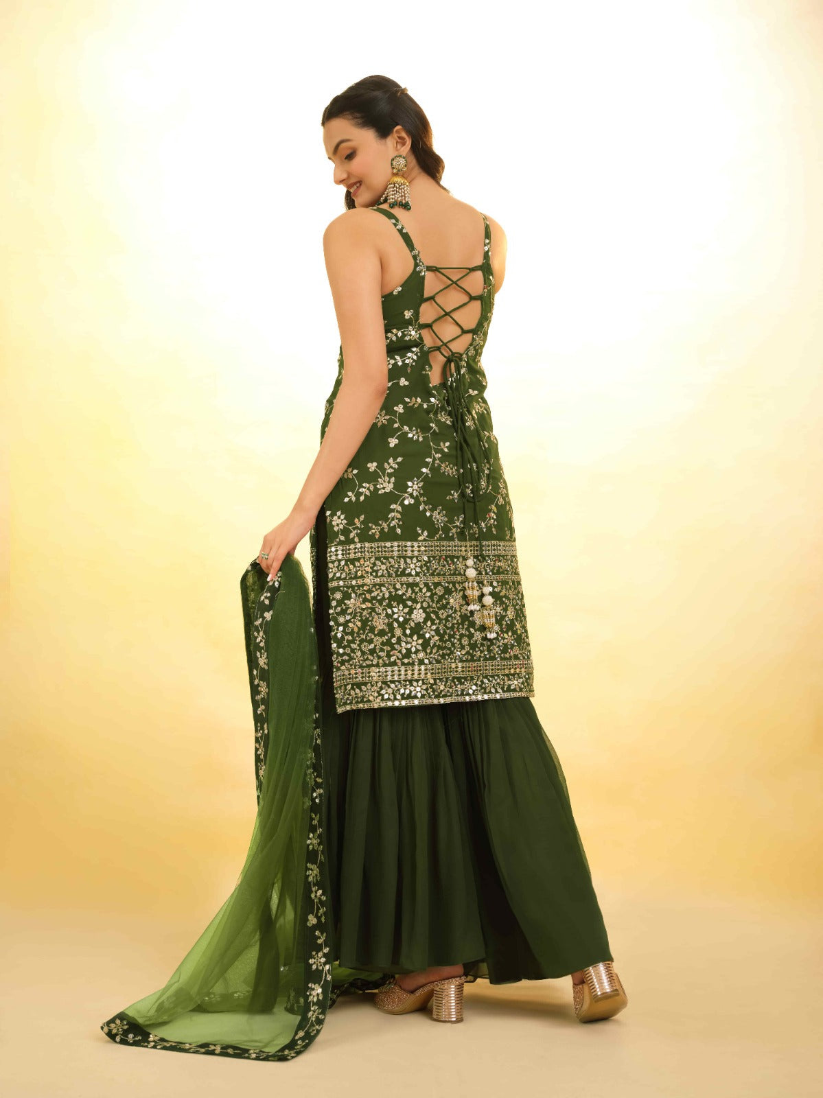 ClothsVilla Mehndi Green Georgette Suit with Embroidery and Shantoon Bottom - view 5