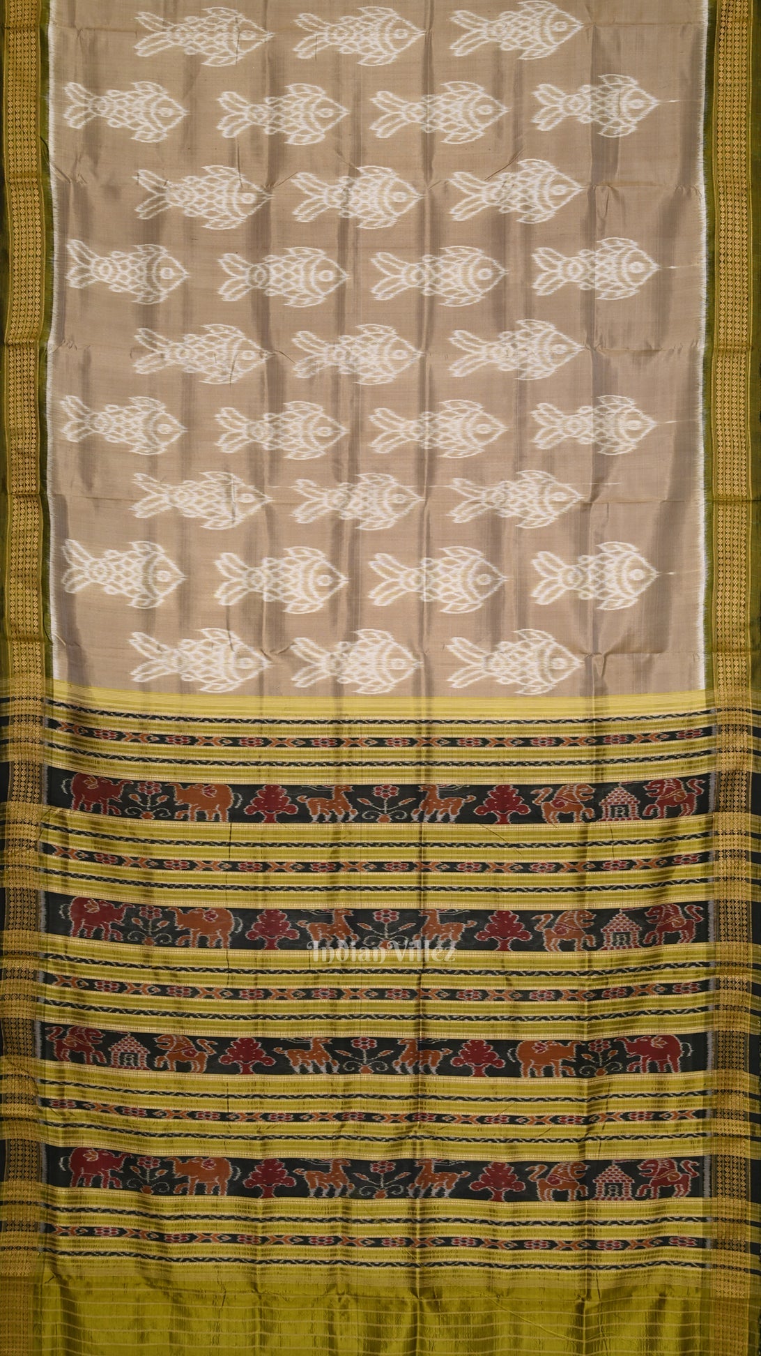 IndianVillèz Pastel Green Fish Theme Odisha Handloom Khandua Silk Saree