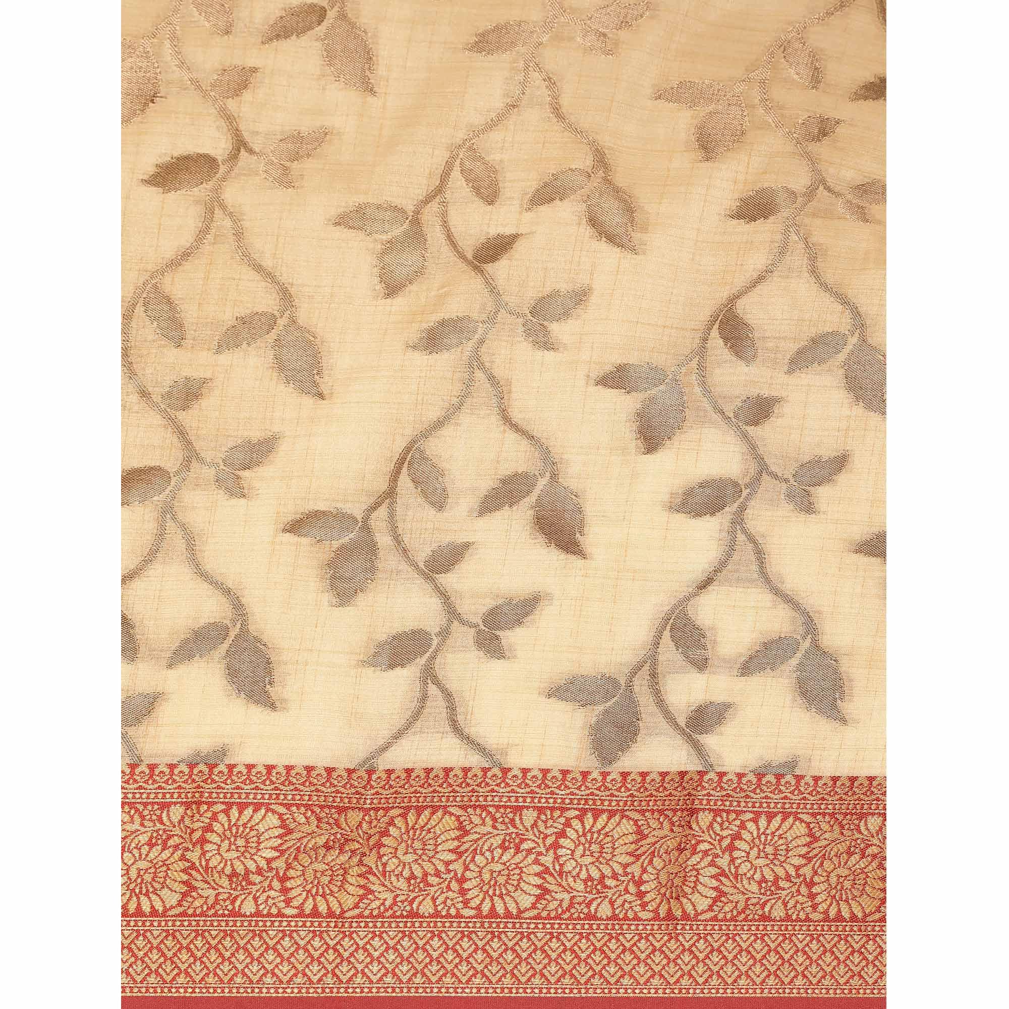Peachmode Chikoo Woven Cotton Silk Saree With Tassels - view 9