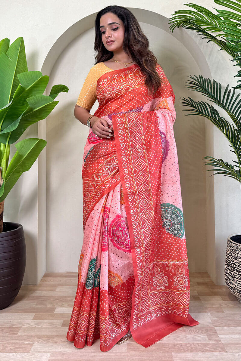 Tasrika Prominent Pink Digital Printed Tissue Silk Saree With Forbearance Blouse Piece