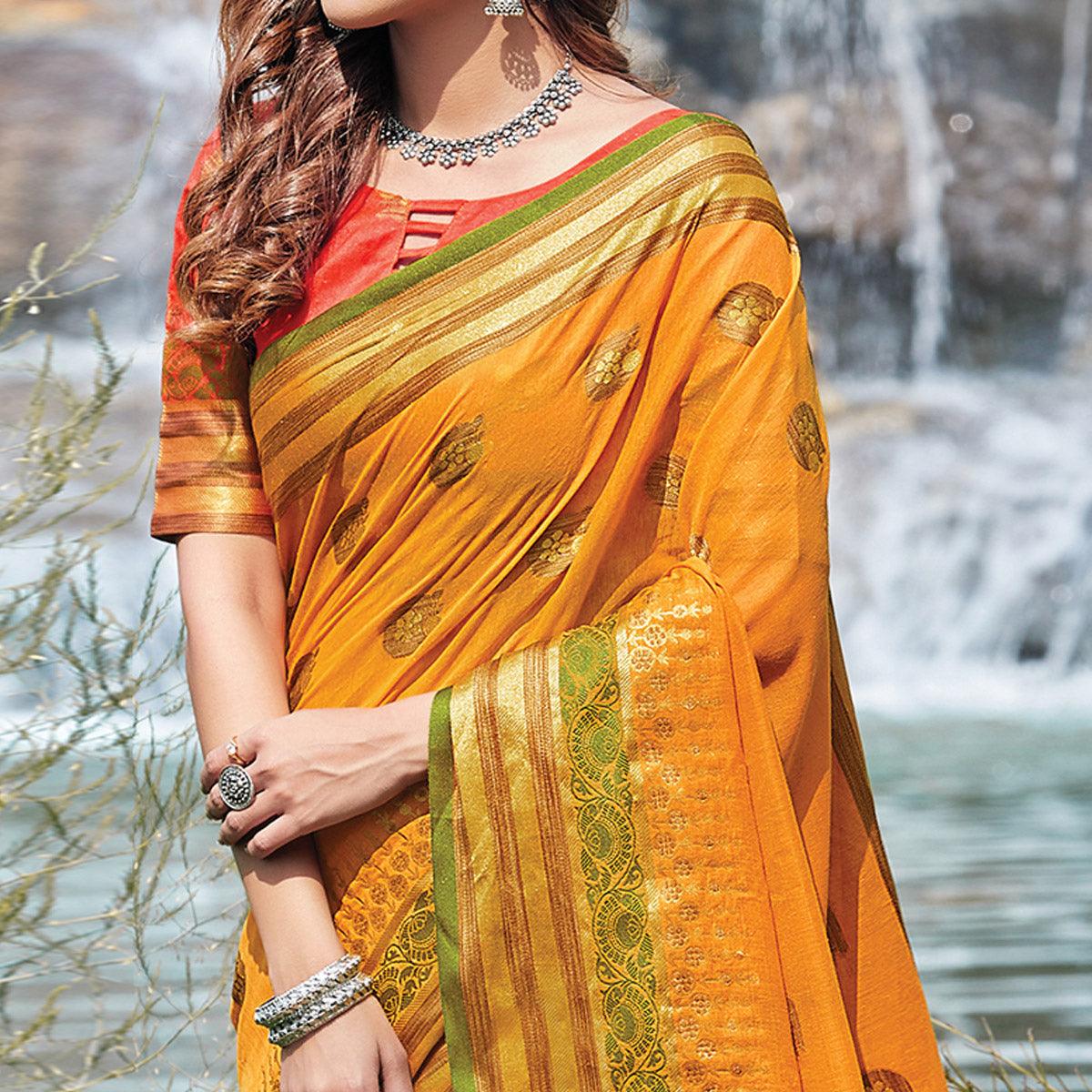 Peachmode Jazzy Yellow Colored Festive Wear Woven Cotton Saree - view 2