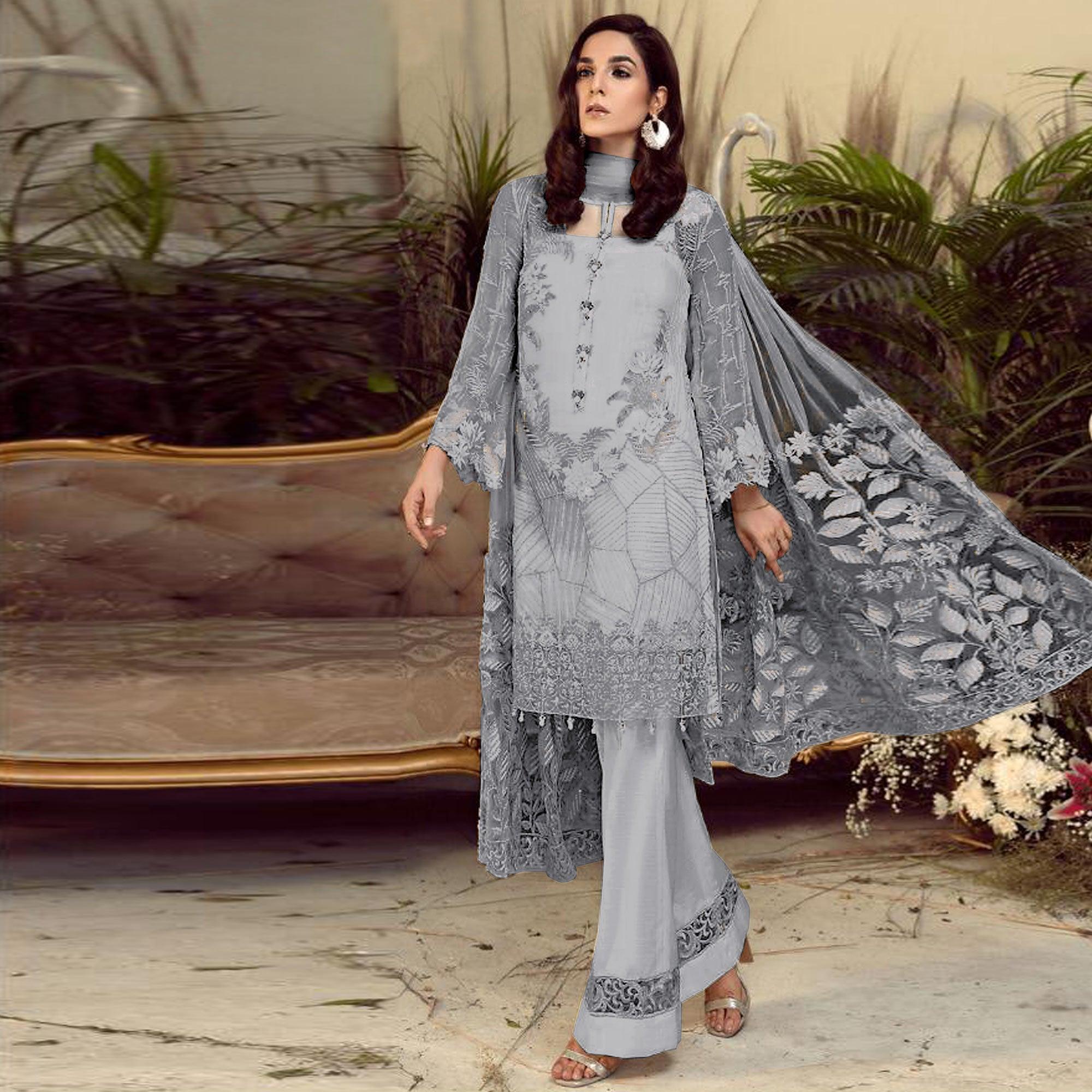Peachmode Jazzy Grey Colored Partywear Embroidered Faux Gerogette Straight Suit
