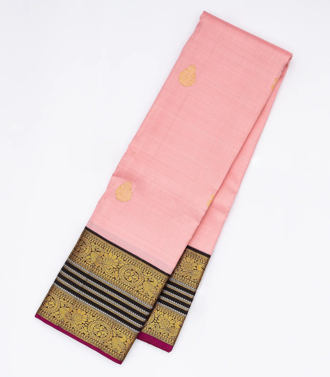 RmKV Baby Pink Handloom Kanchipuram Korvai Silk Saree With Annam Buttas