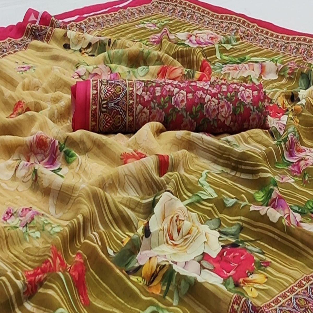 Peachmode Mehndi Green Casual Wear Floral Digital Printed Georgette Saree - view 2
