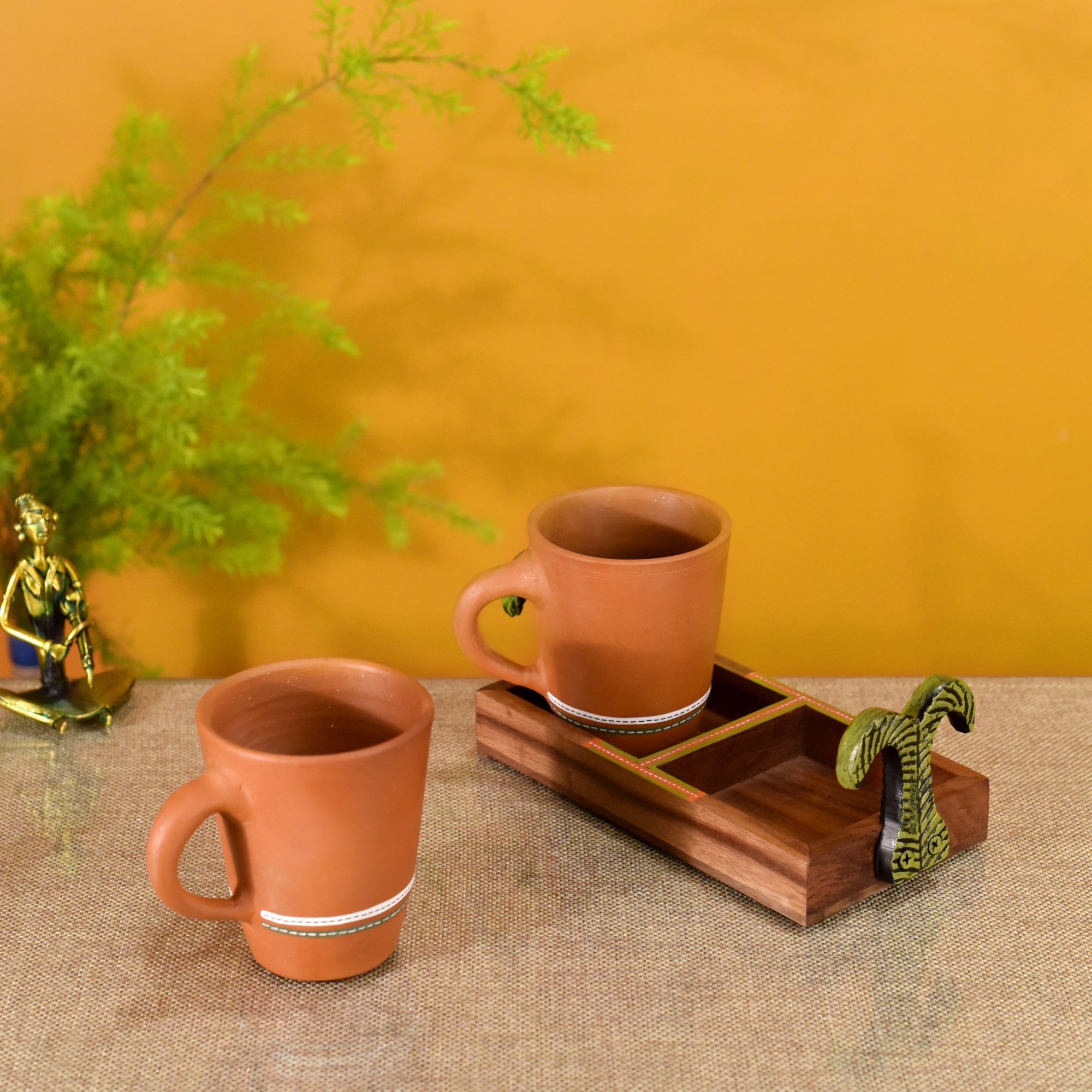 ART CREATIONS BY SUMAN SONTHALIA Brown - Happy Morning Earthen Coffee Mugs & Wooden Tray - view 2